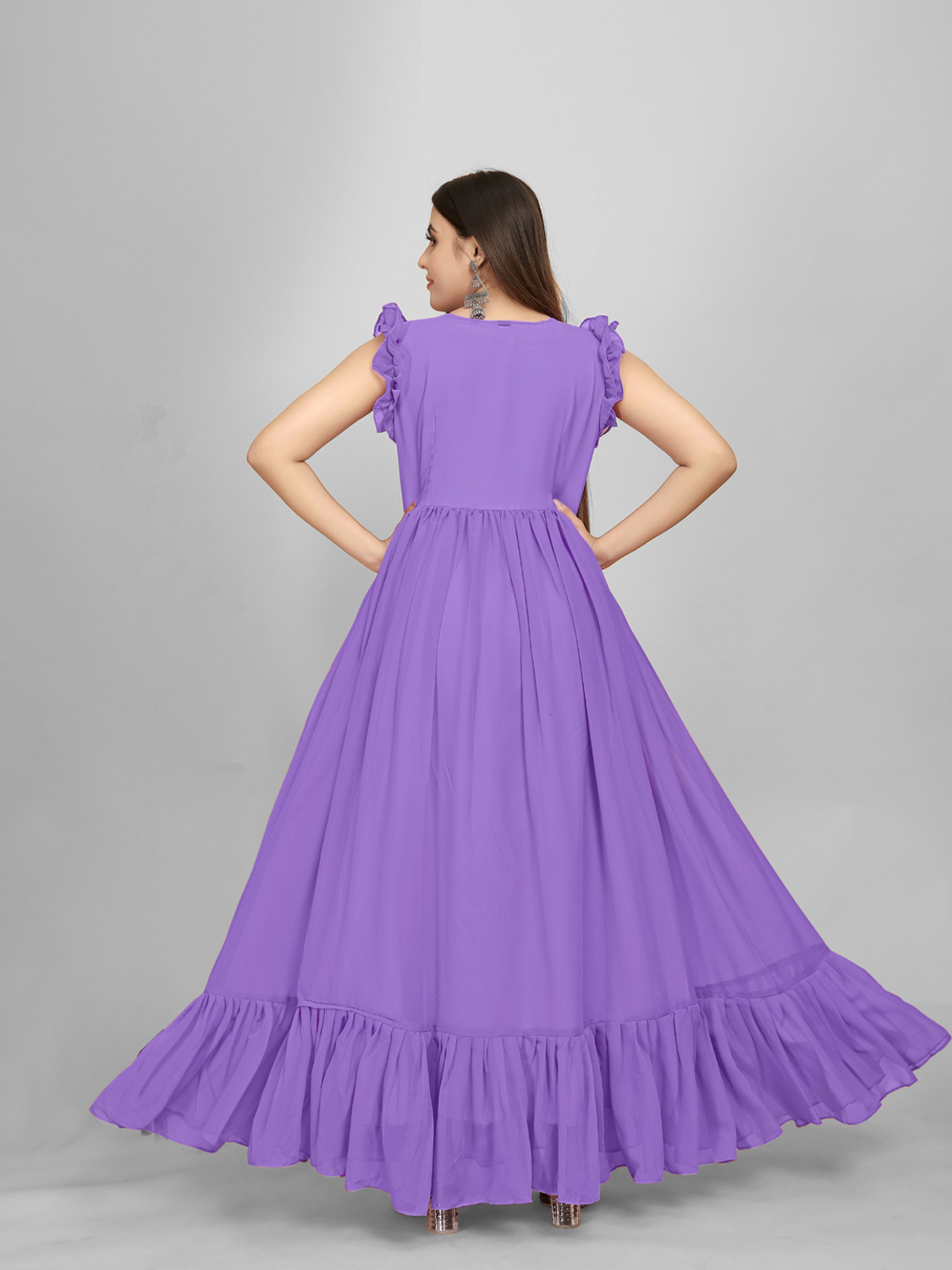 Image of AMALAK Embroidered Georgette Stitched Anarkali Gown (Purple)