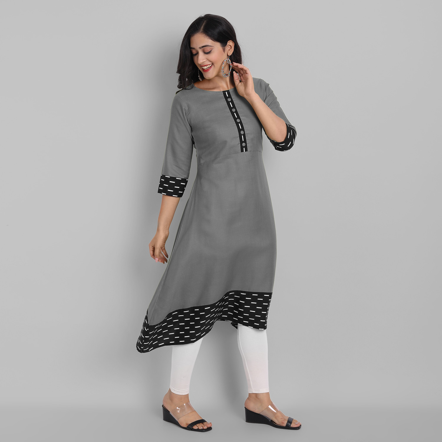 Image of Mialo fashion Floral Print Viscose Rayon Flared Kurta for Women (Grey)