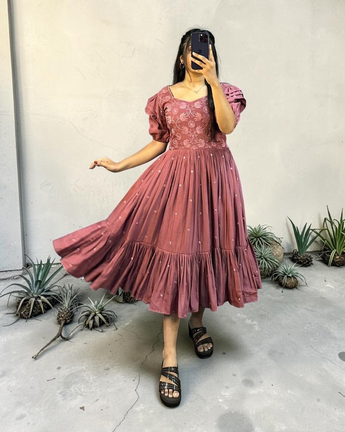 Image of RJH Cotton Linen Stitched Flared /A-line Gown (Pink)