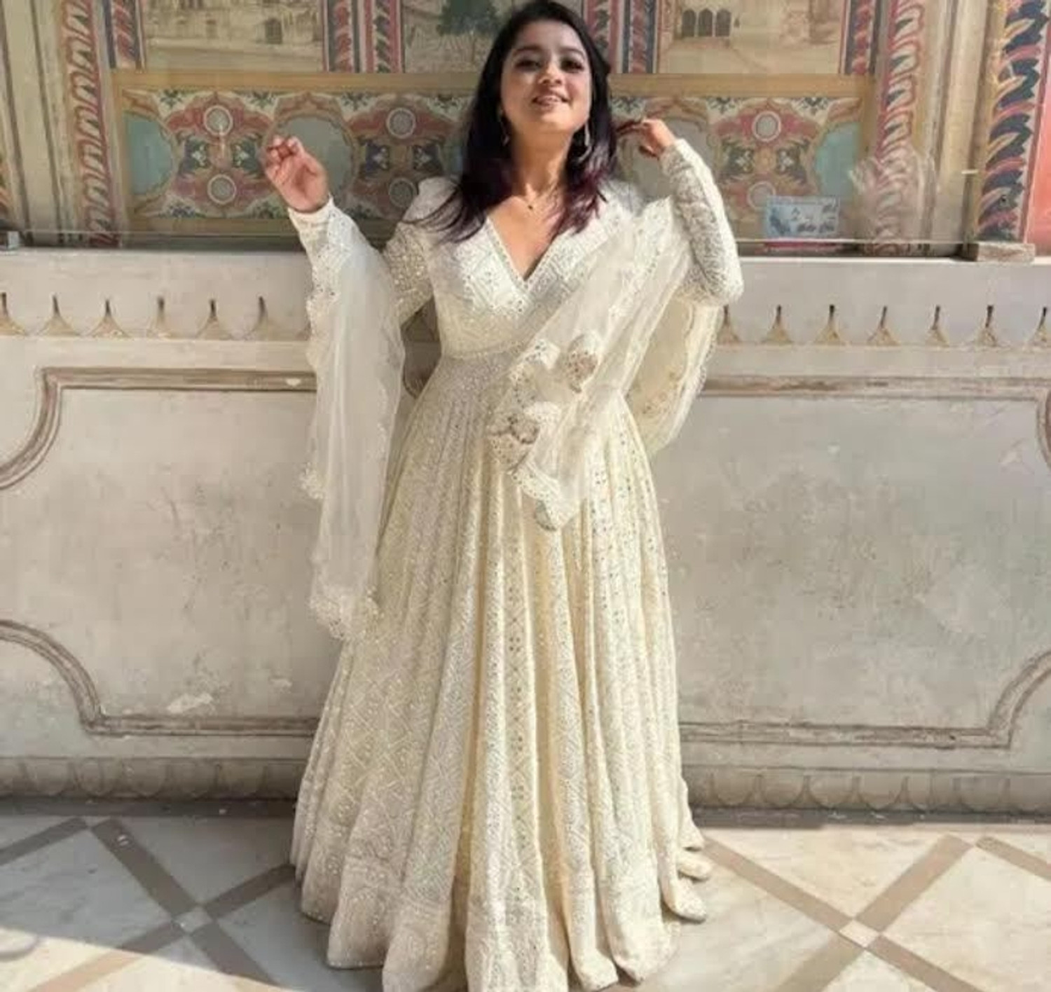 NIRJALA Self Design Pure Cotton Stitched Flared/A-line Gown (White) - Image 1