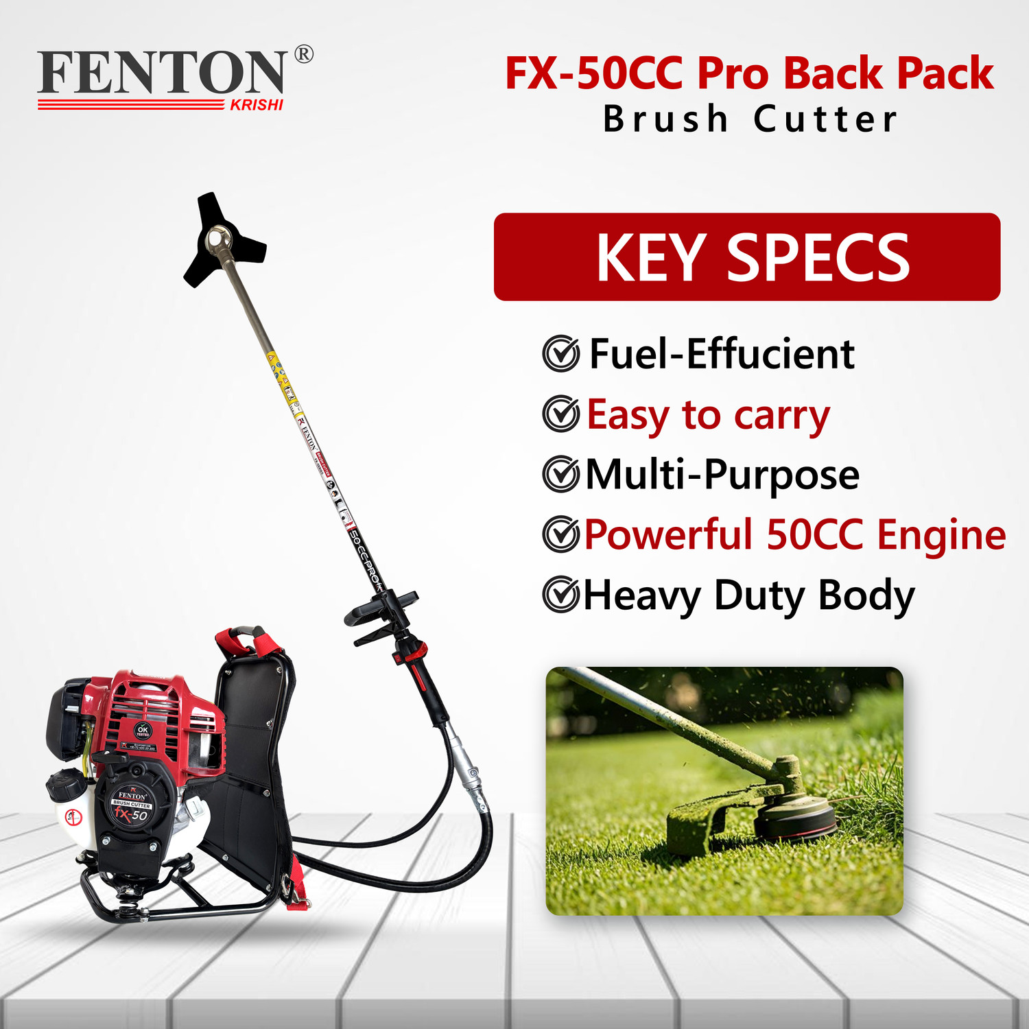 Image of Fenton Krishi FX-50 50CC 4-Stroke Backpack Brush Cutter with 80T, 3T & Tiller Blades Fuel Grass Trimmer (Automated Feed)
