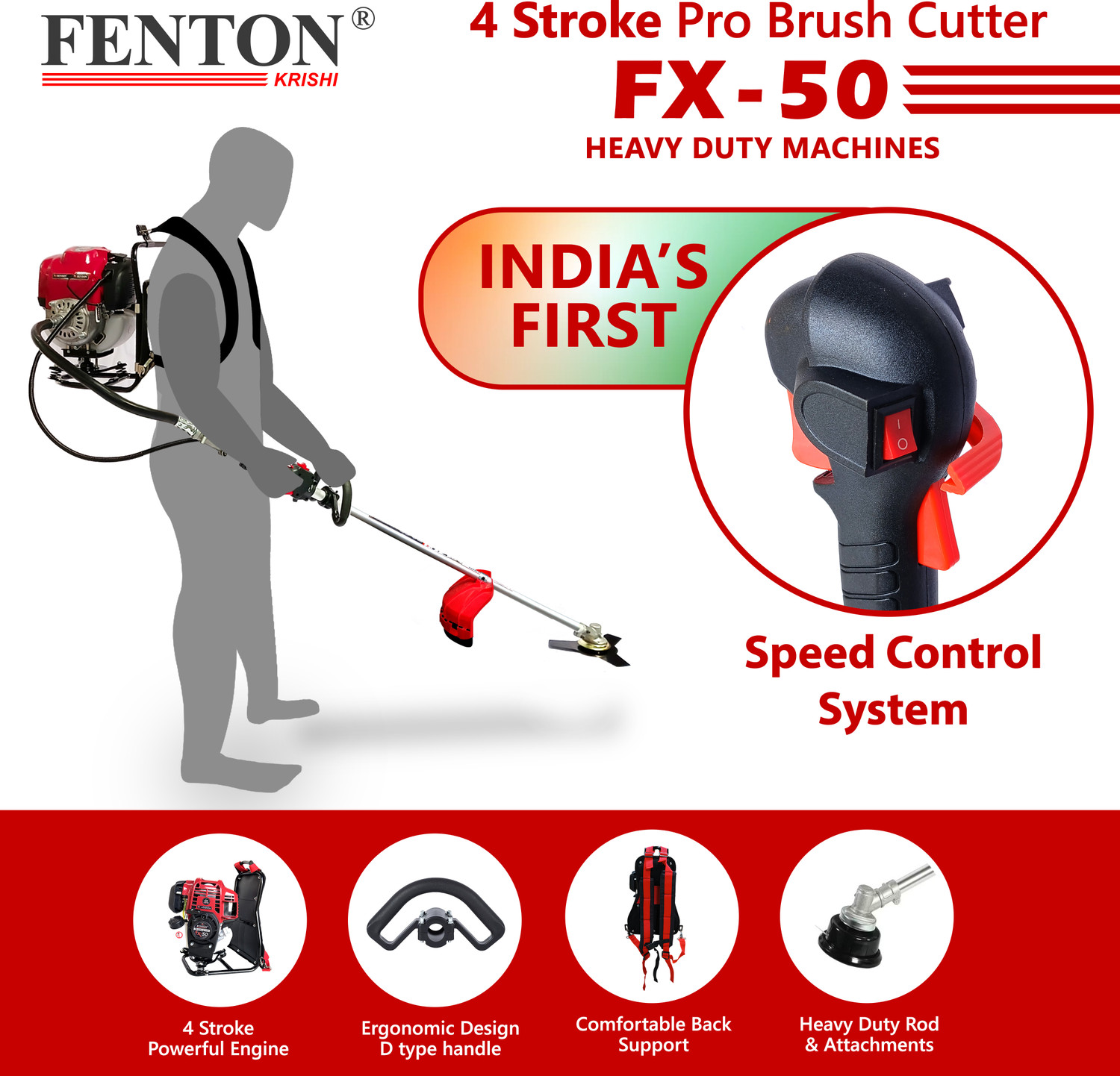 Image of Fenton Krishi FX-50 50CC 4-Stroke Backpack Brush Cutter with 80T, 3T & Tiller Blades Fuel Grass Trimmer (Automated Feed)