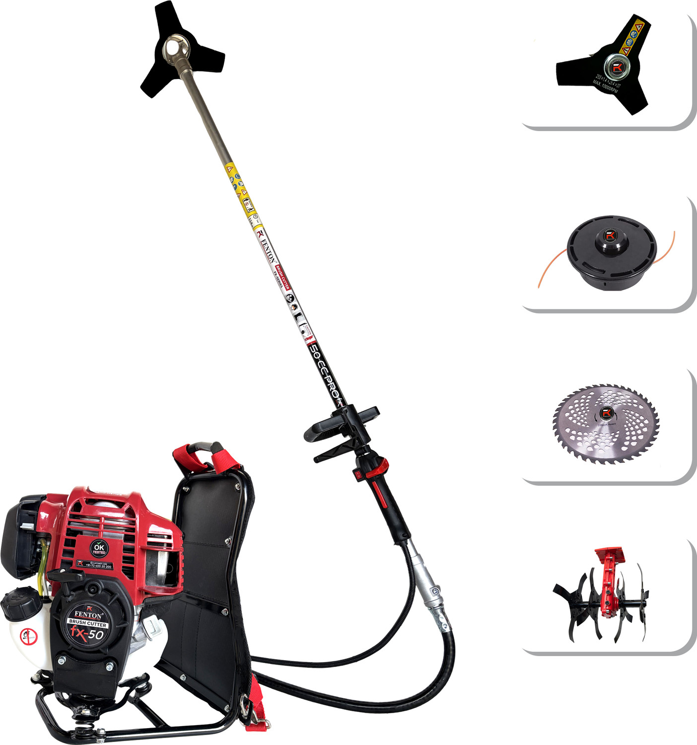 Image of Fenton Krishi FX-50 50CC 4-Stroke Backpack Brush Cutter with 80T, 3T & Tiller Blades Fuel Grass Trimmer (Automated Feed)