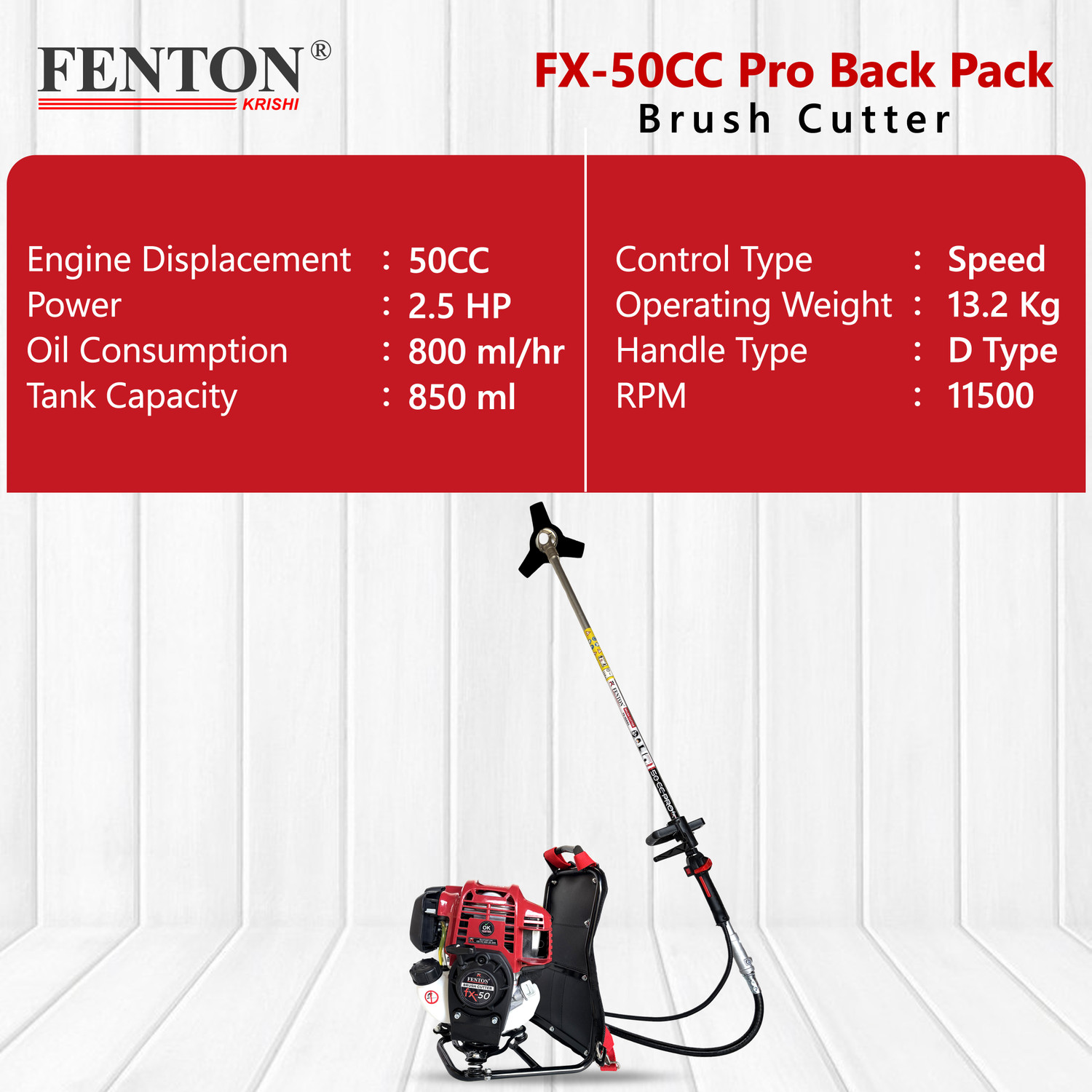 Image of Fenton Krishi FX-50 50CC 4-Stroke Backpack Brush Cutter with 80T, 3T & Tiller Blades Fuel Grass Trimmer (Automated Feed)