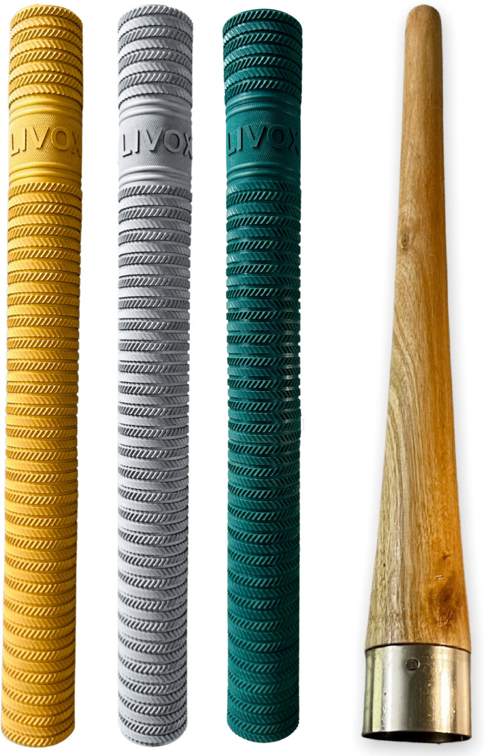 Image of LIVOX First Quality Ring Texture Cricket Bat Grips for Very Good Comfort And One Cone Ultra Tacky (Gold, Silver, Green, Pack of 4)