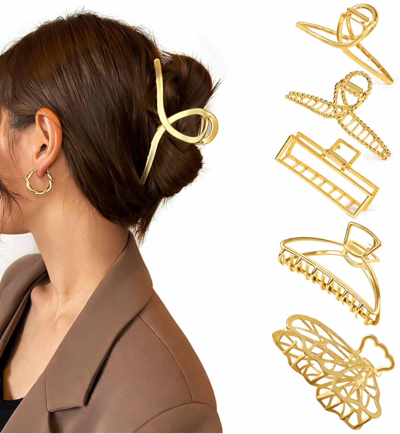 Image of LYROVO 5 PCS Metal Large Hair Claw Hair Clip (Gold)