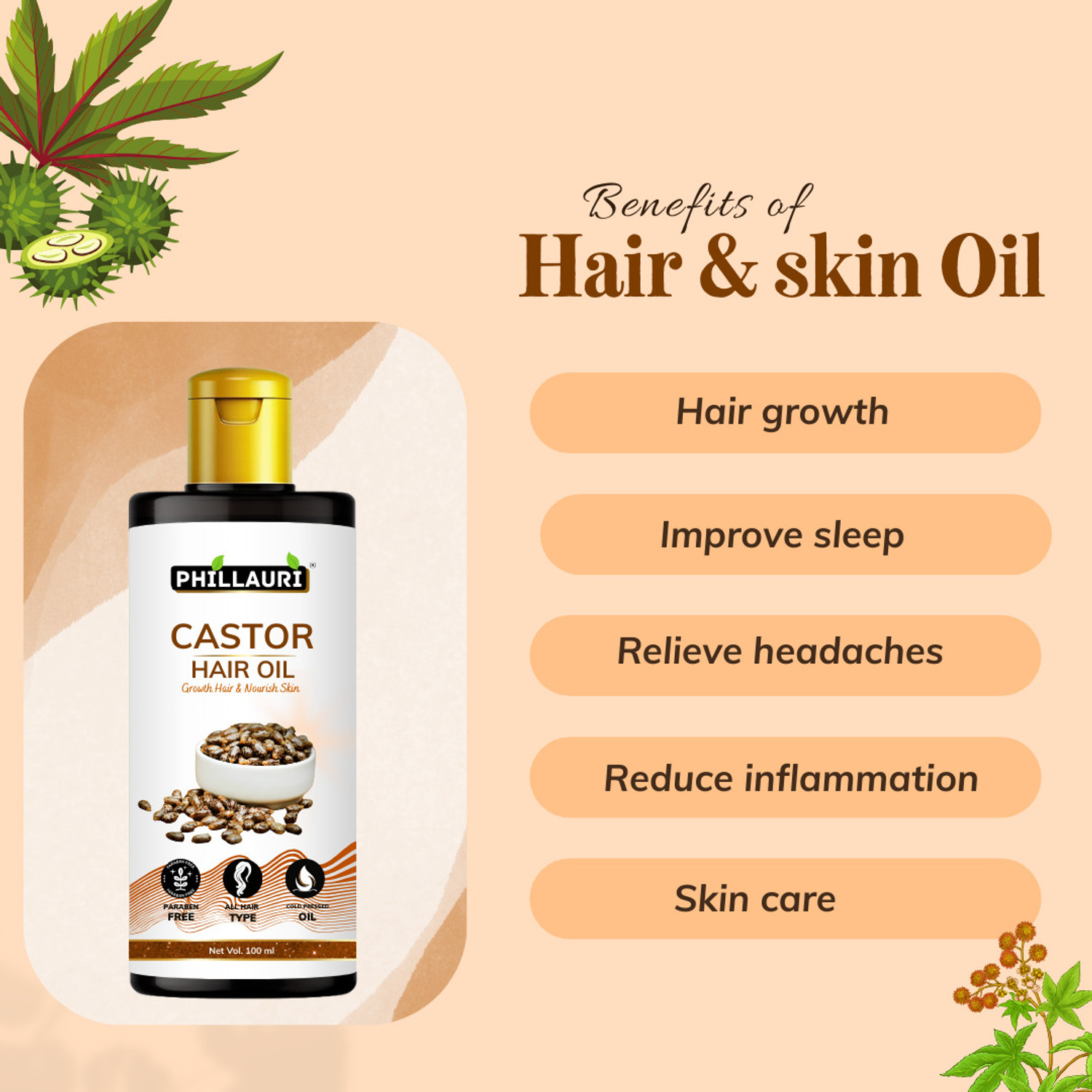 Image of Phillauri Castor Oil Cold Pressed To Support Hair Growth Hair Oil (500 ml)