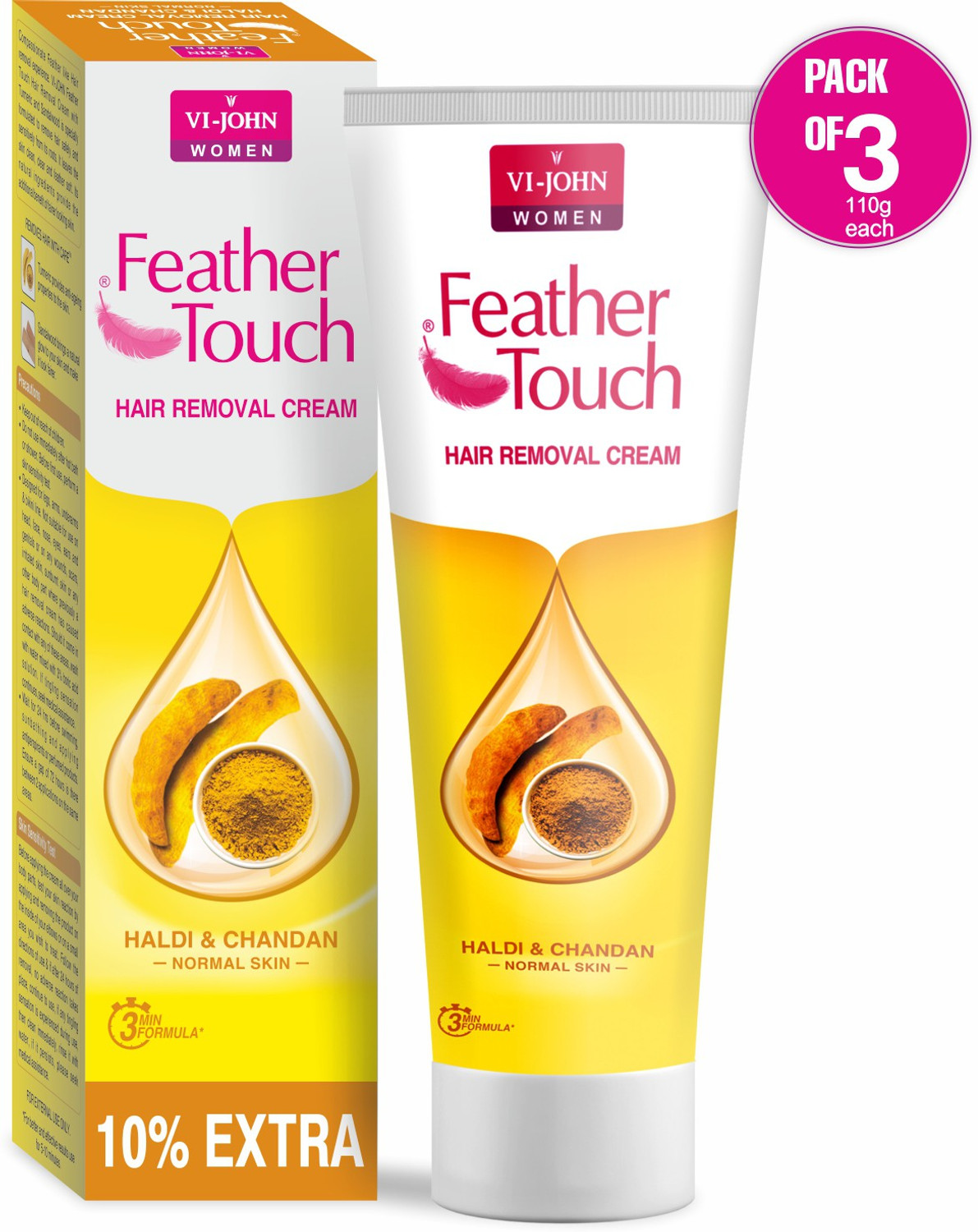 Image of VI-JOHN FEATHER TOUCH HAIR REMOVAL HALDI CHANDAN 110 GM PACK OF 3 (330g) Cream (330 g, Set of 3)