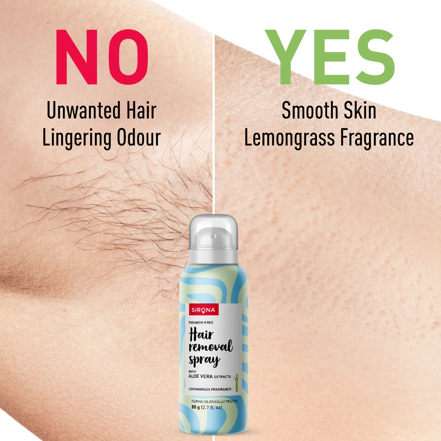 Image of SIRONA Hair Removal Spray with Aloe Vera & Lemongrass, 10-Minute Action, Paraben-Free Spray (80 ml)