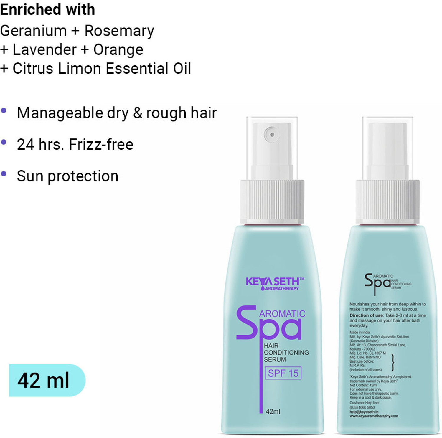 Image of KEYA SETH AROMATHERAPY Aromatic Spa Hair Conditioning Serum with SPF 15 42ml Pack of 2 (90 ml)