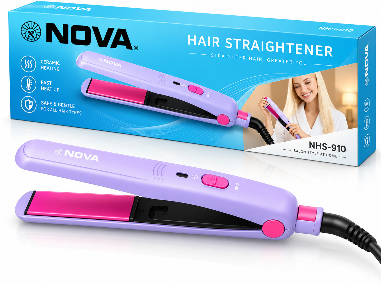 Image of NOVA 2 in 1 Straight and Curl NHS 906 Hair Straightener (Pink)
