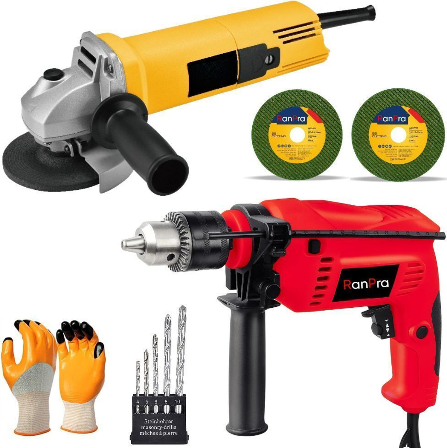 Image of RanPra 13MM DRILL MACHINE WITH 5pcs Drill bits and 4useable Blades and 4inch Angle Grinder Hammer Drill (13 mm Chuck Size, 650 W)