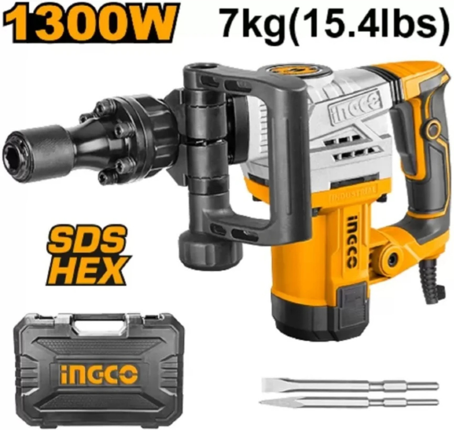 INGCO Anti-Vibration Demolition Breaker with 2pcs Chisels PDB13008, Yellow 7Kg, 1300W ,SDS HEX, Demolition Hammer Drill Hammer Drill