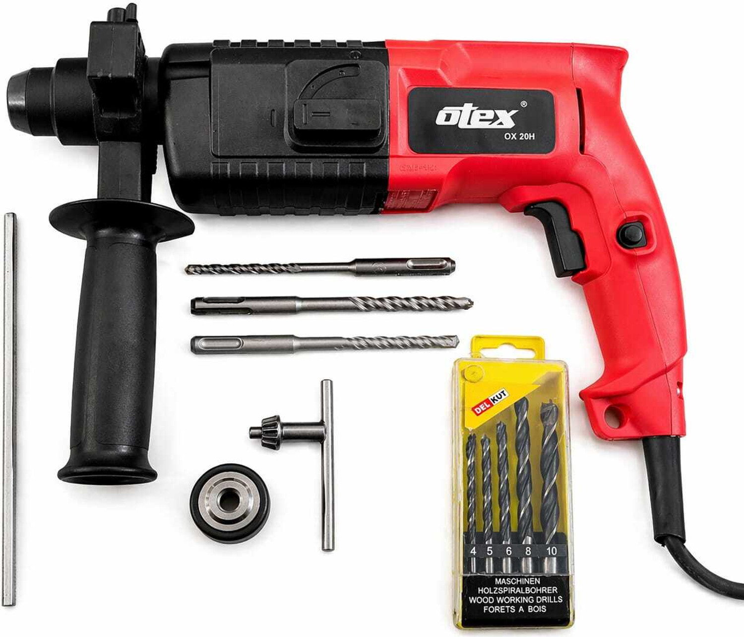 OTEX 850W 20mm Electric Hammer Drill Machine RED WITH DRILL CHUCK , DRILL BIT SET Left/Right Rotary Hammer Drill 100% Copper Winding Rotary Hammer Drill