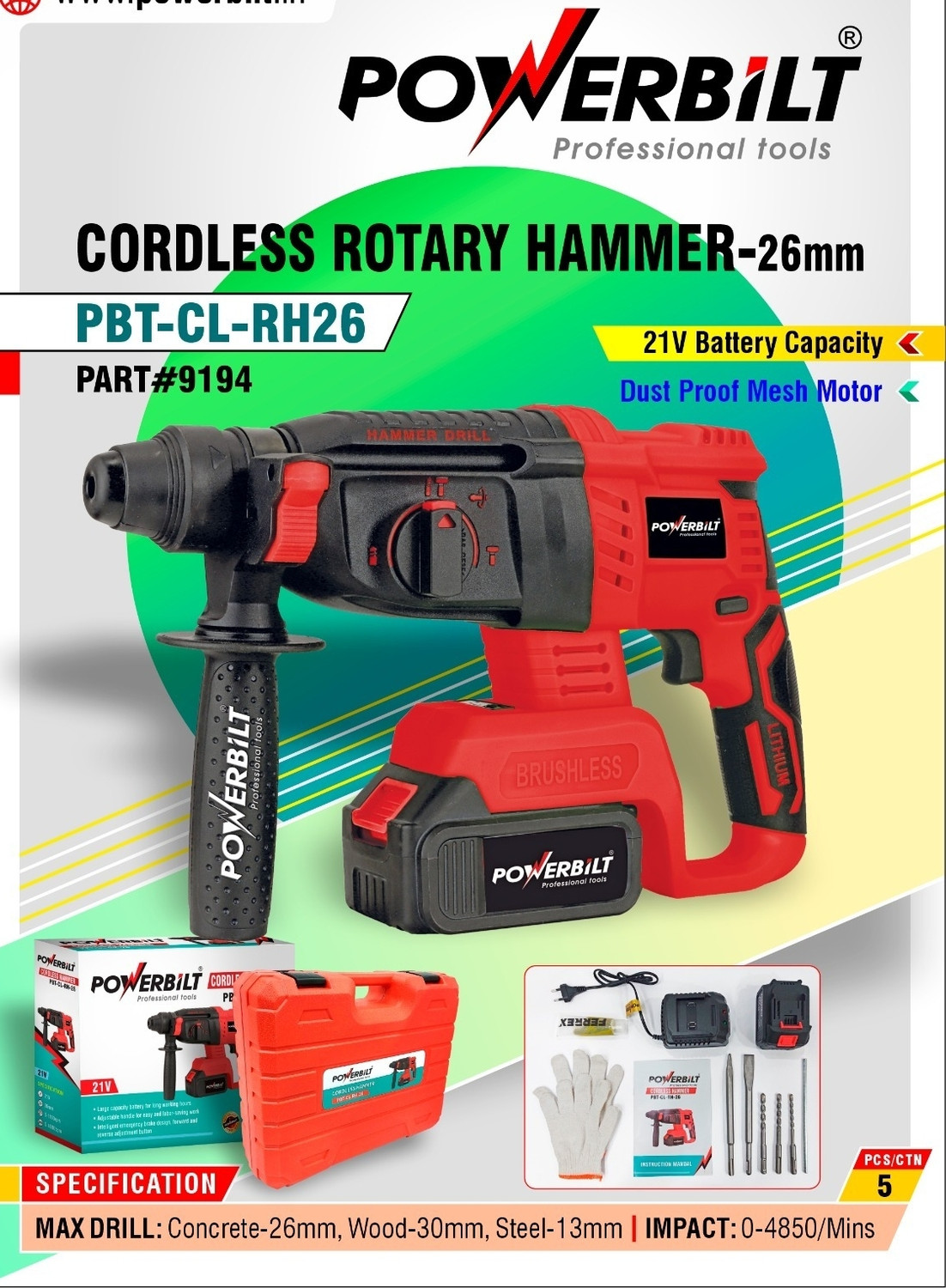 PowerBilt PBT-CL-RH21V PBT-CL-RH21V CORDLESS DRILL LI-ION BATTERY & CHARGER WITH MESH DUST PROOF MOTOR Rotary Hammer Drill