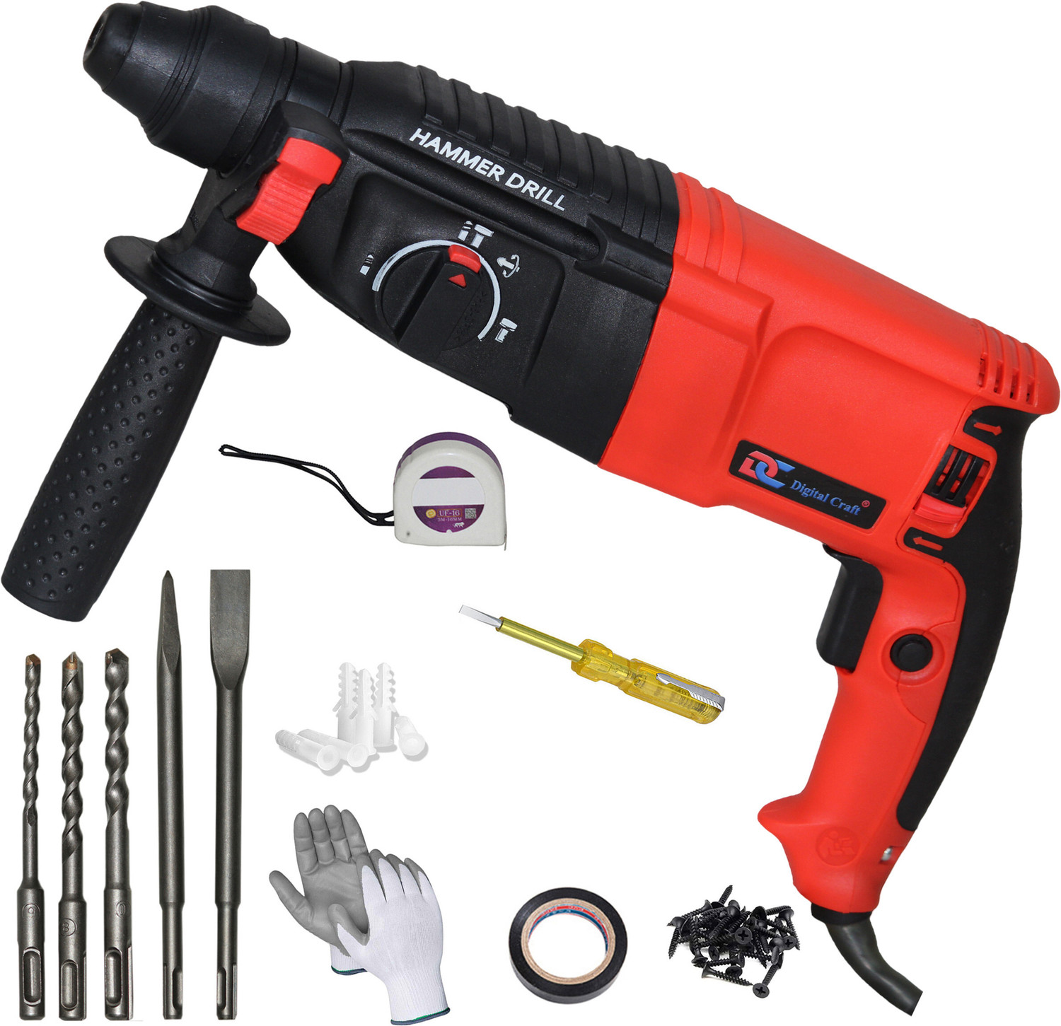 Digital Craft Powerful Copper Winding Drill Set with Multi-Purpose Hand Tools 26mm Hammer Drilling Machine,Tape 3Mtr,Line Tester Rotary Hammer Drill
