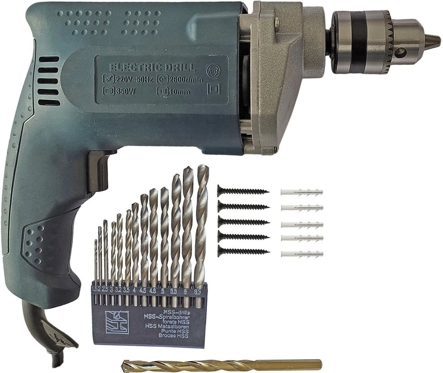 Inditrust 100% Copper Winding 10mm Blue Electric drill machine with 13pc hss1pc Masonry & 10pc Gitti Screw set Hammer Drill