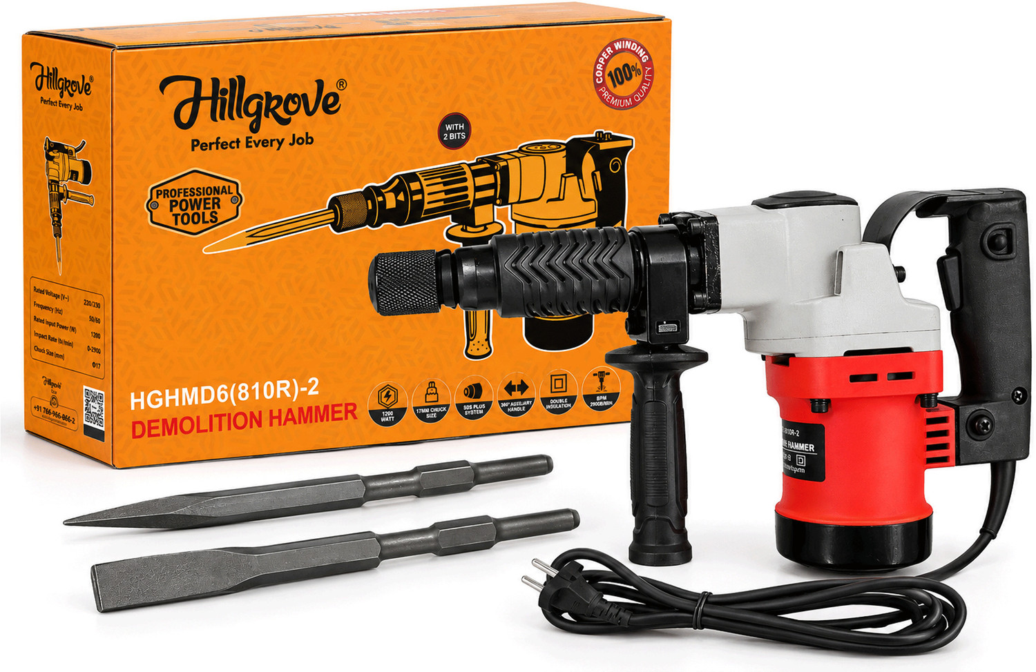 Hillgrove 100% Copper Winding 17mm Breaker Hammer Machine 5Kg Demolition Drill 100% Copper Winding HGCM536M3 17mm Demolition Concrete Breaker Drill Machine Rotary Hammer Drill