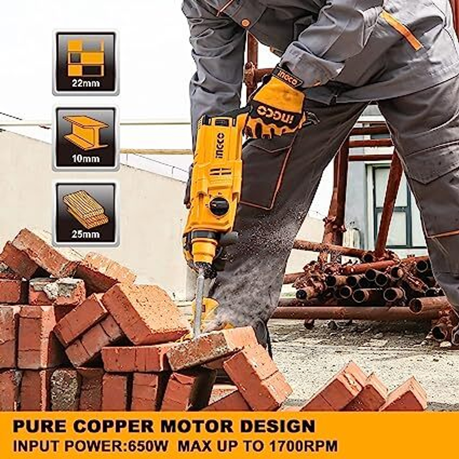 Image of INGCO RGH6528 rotary hammer drilling machine Rotary Hammer Drill (22 mm Chuck Size, 650 W)