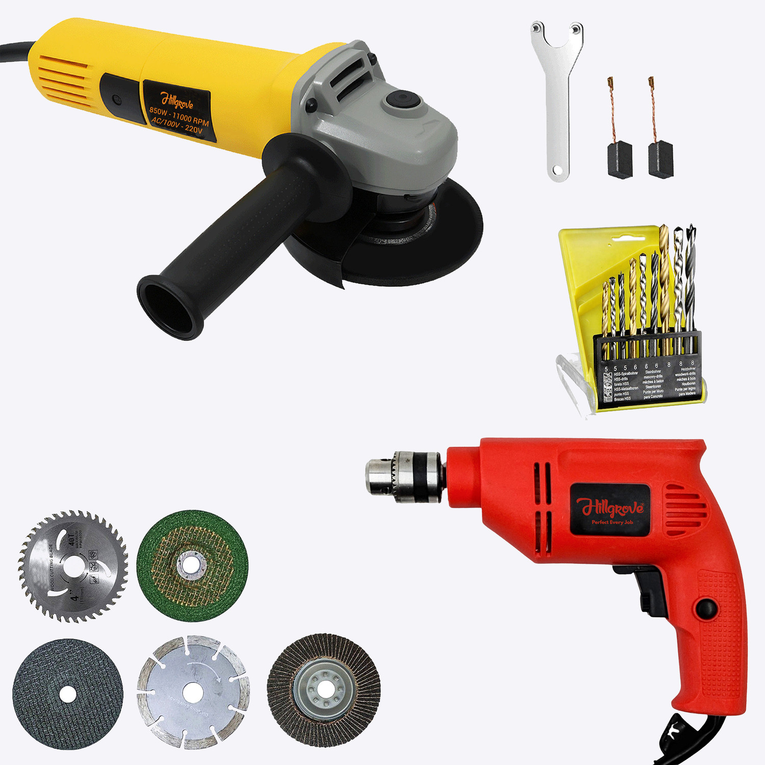Image of RanPra COMBO OF 33PCS TOOL KIT WITH HAMMER AND ANGLE GRINDER | 13MM DRILL 5pcs Drill bits and 4useable Blades and 4inch Angle Grinder Hammer Drill (14 mm Chuck Size, 650 W)