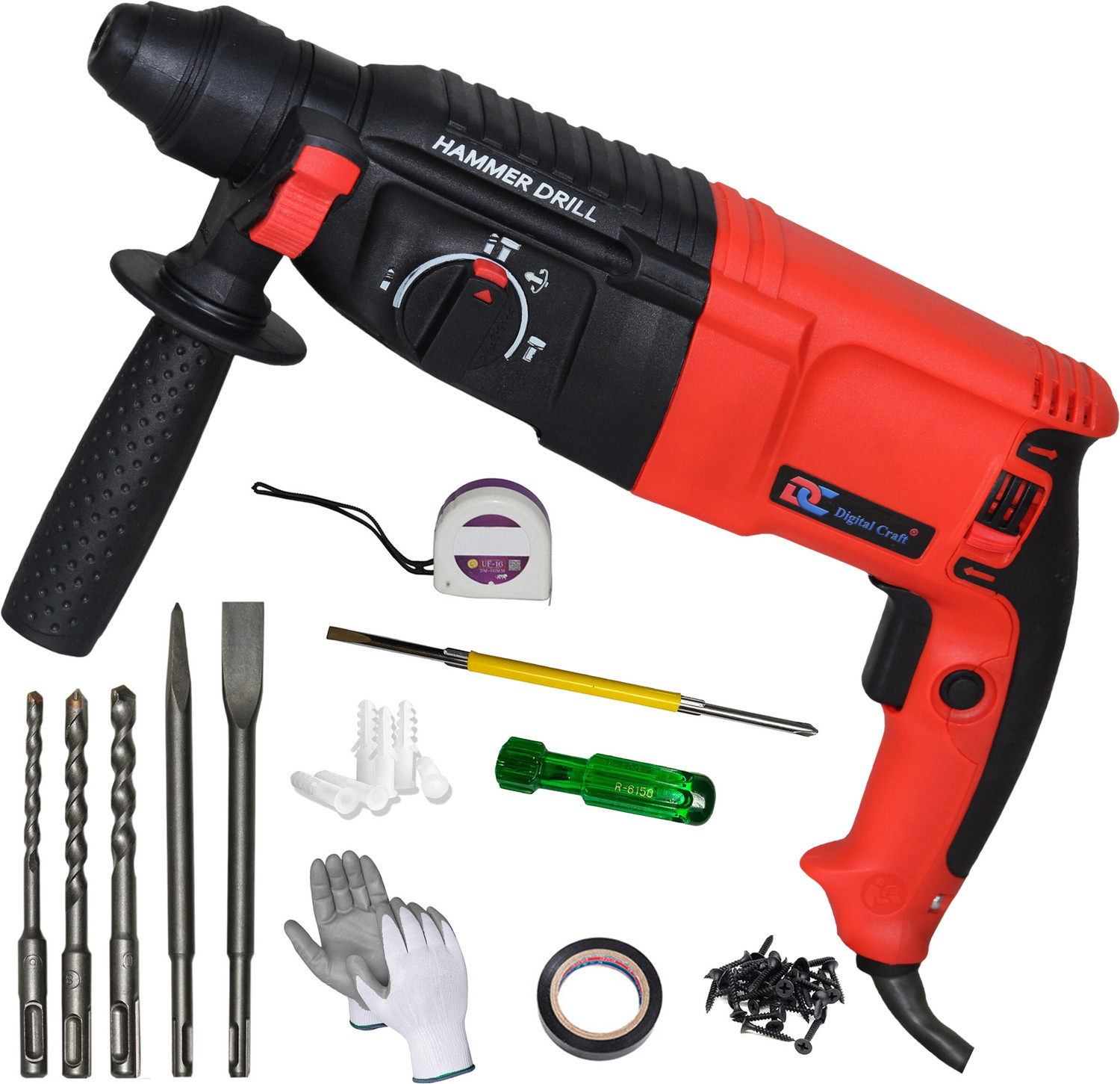 Digital Craft Powerful Copper Winding Drill Set with Multi-Purpose Hand Tools 26mm Hammer Drilling Machine,Tape 3Mtr,2 In 1 Screw Driver Rotary Hammer Drill