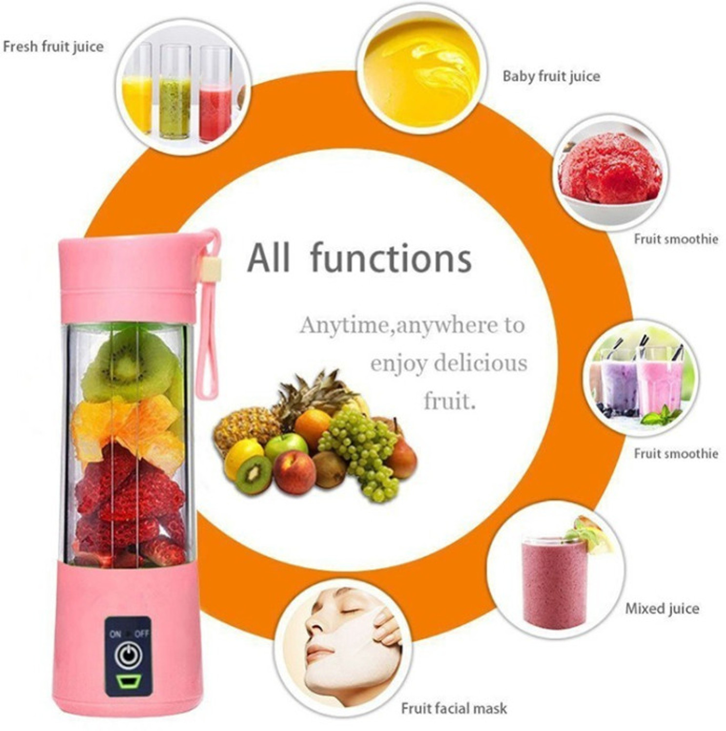 Image of MLSALES Portable Mini USB Juicer | Cordless Rechargeable Blender for Fresh Juices 150 W Juicer (350-jiucur | 1 Jar | Multicolor, Green, purpale, pink-shain)