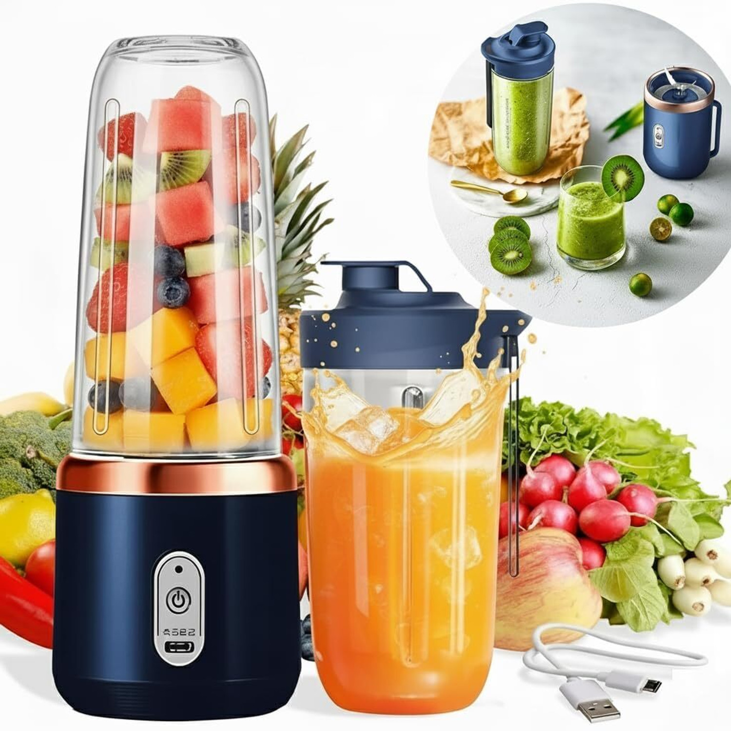 Image of Hemovia Plastic Portable Electric USB Juicer Bottle Blender Hand Juicer | 400ML Multi Colour Hand Juicer (Blue)