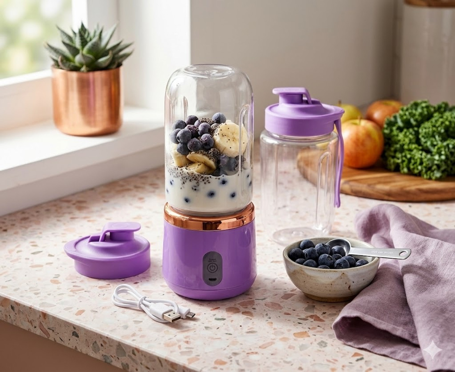 Image of Hemovia Plastic Portable Electric USB Juicer Bottle Blender Hand Juicer | 400ML Multi Colour Hand Juicer (Blue)