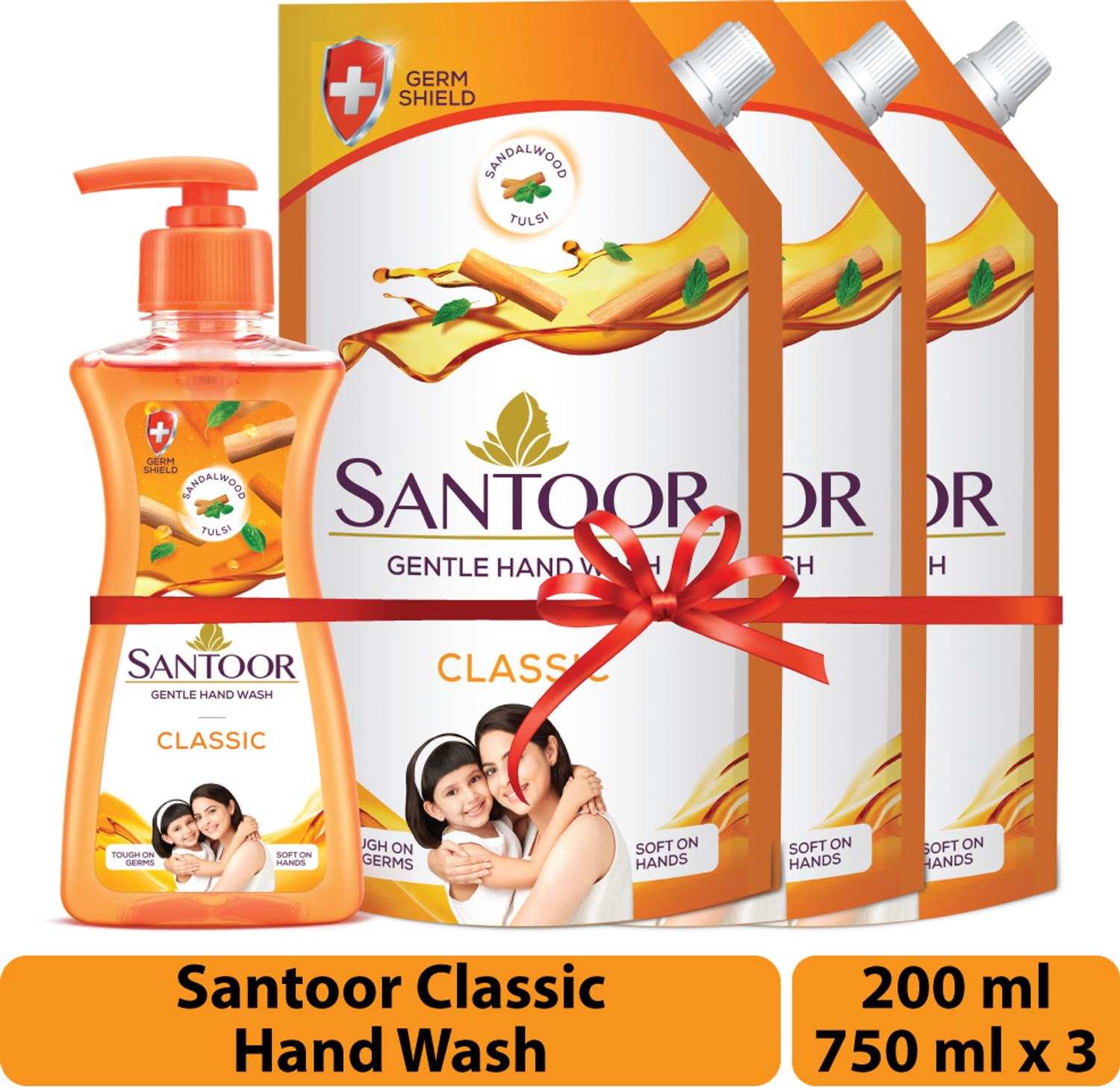 Image of Santoor Classic Gentle with Goodness of Sandalwood & Tulsi Hand Wash Pump + Refill (3 x 383.33 ml)
