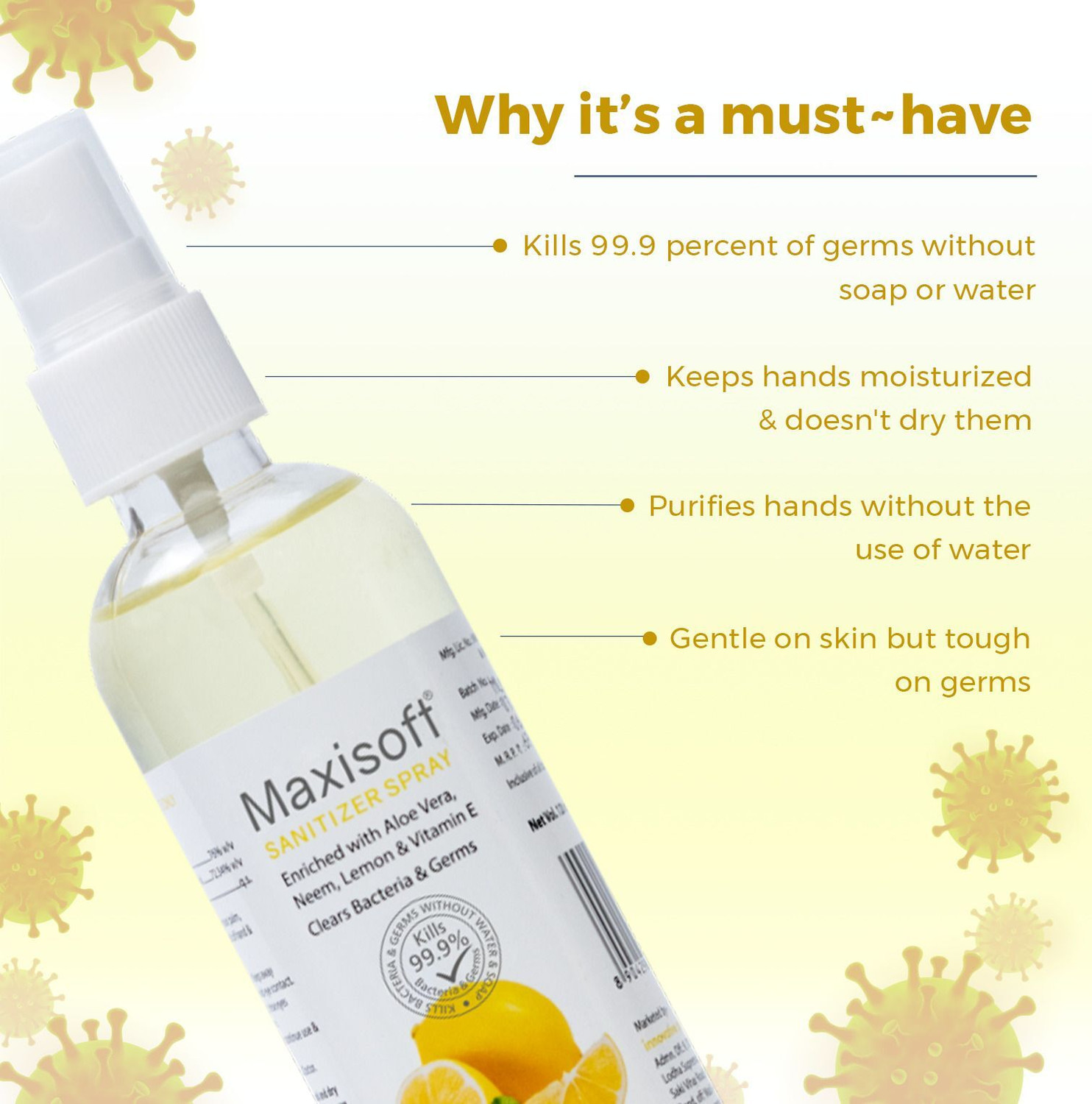 Image of Maxisoft Spray Lemon & Mint | Instant Germ Kill & Daily Hygiene Protection Hand Sanitizer Bottle (12 x 120 ml)