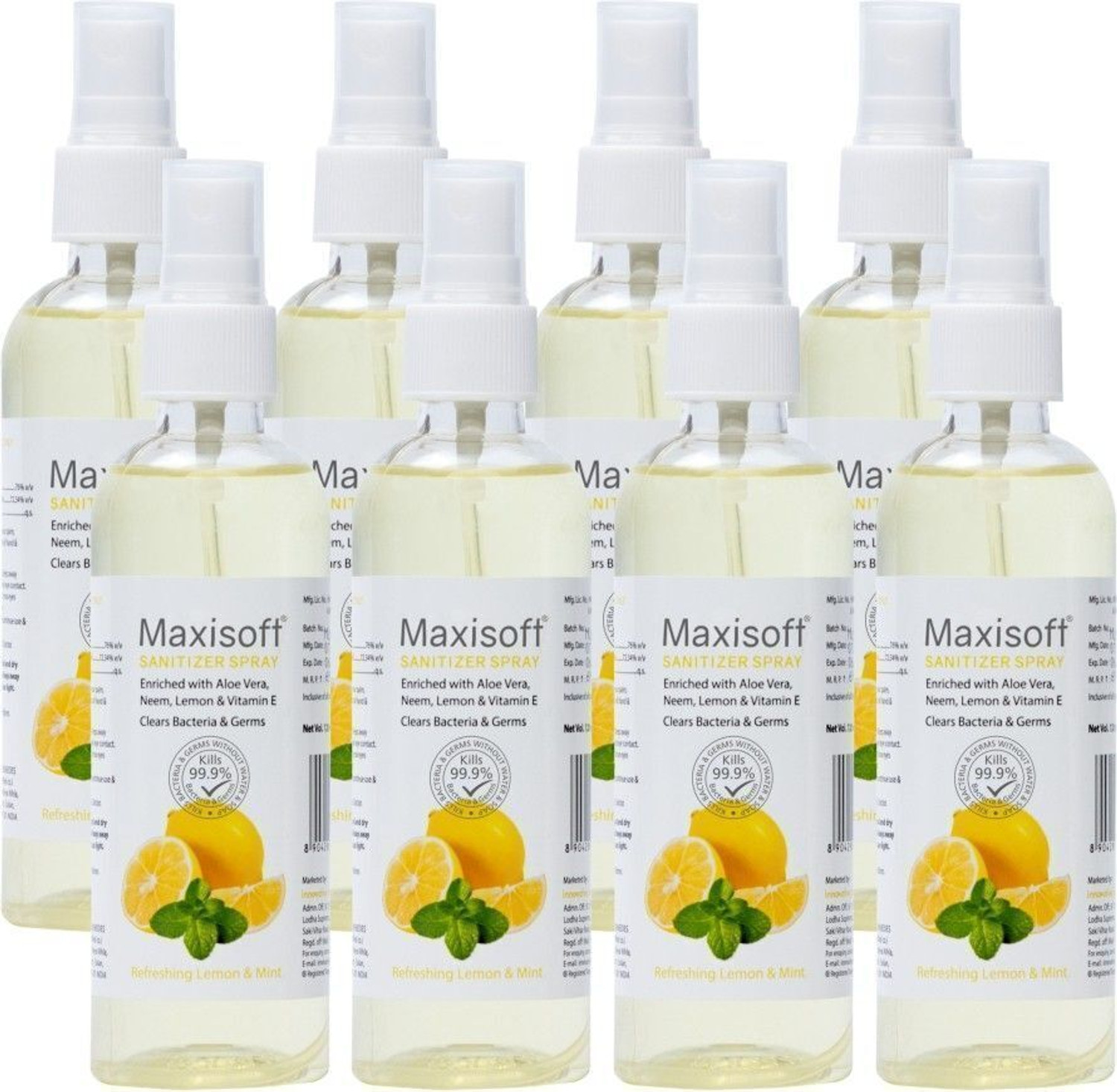 Image of Maxisoft Spray Lemon & Mint | Instant Germ Kill & Daily Hygiene Protection Hand Sanitizer Bottle (8 x 120 ml)