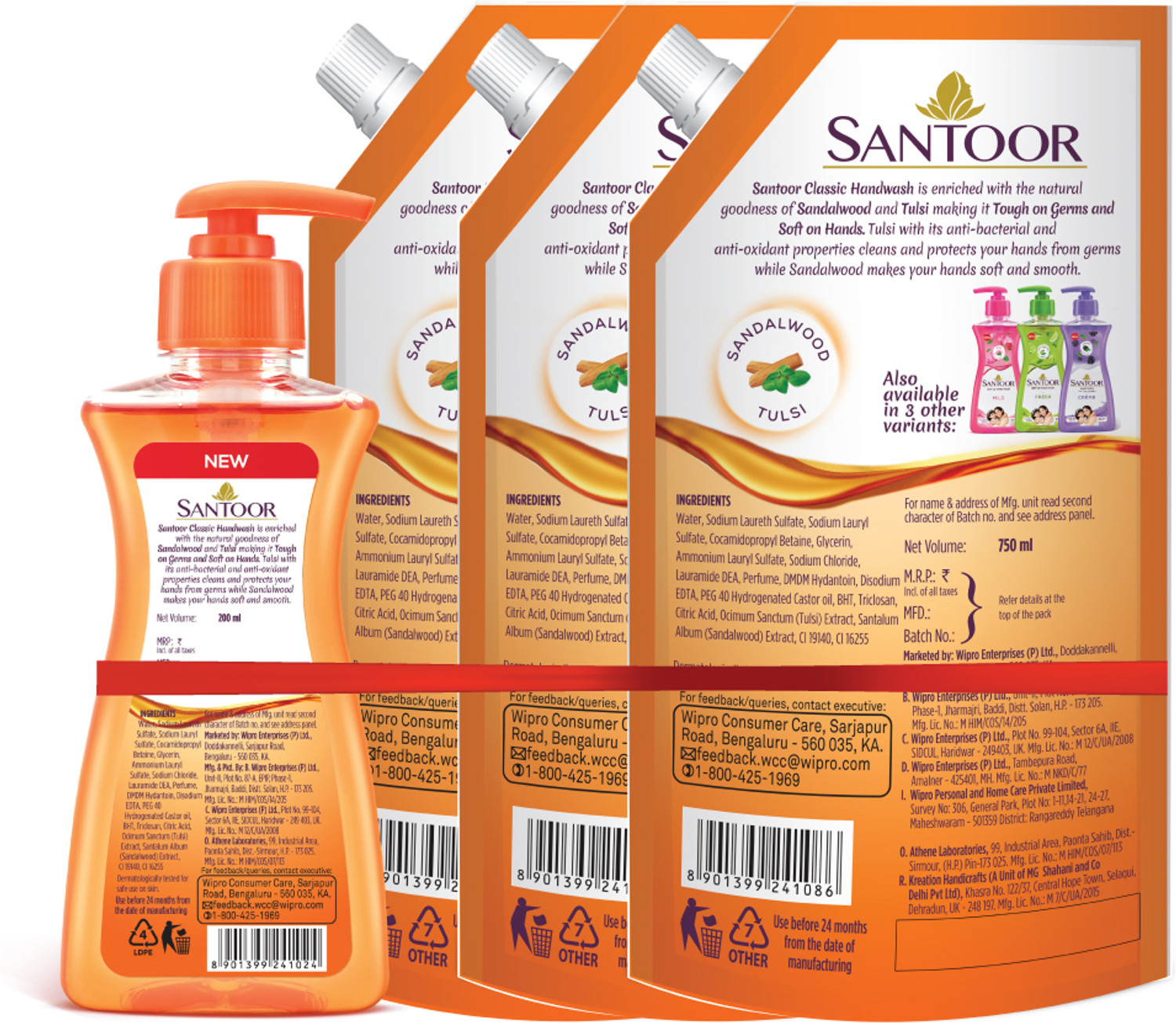Image of Santoor Classic Gentle with Goodness of Sandalwood & Tulsi Hand Wash Pump + Refill (3 x 383.33 ml)