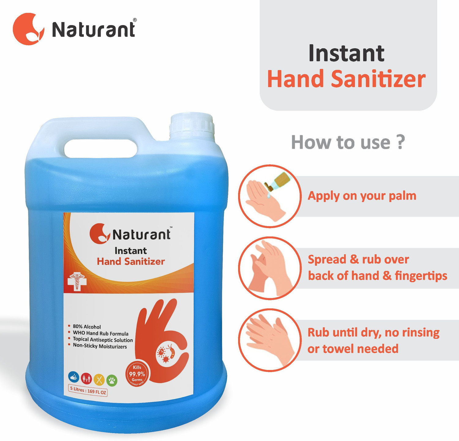 Image of Naturant Kills 99.99% Effective Against Germs | Safe for Kids Hand Sanitizer Can (5 L)