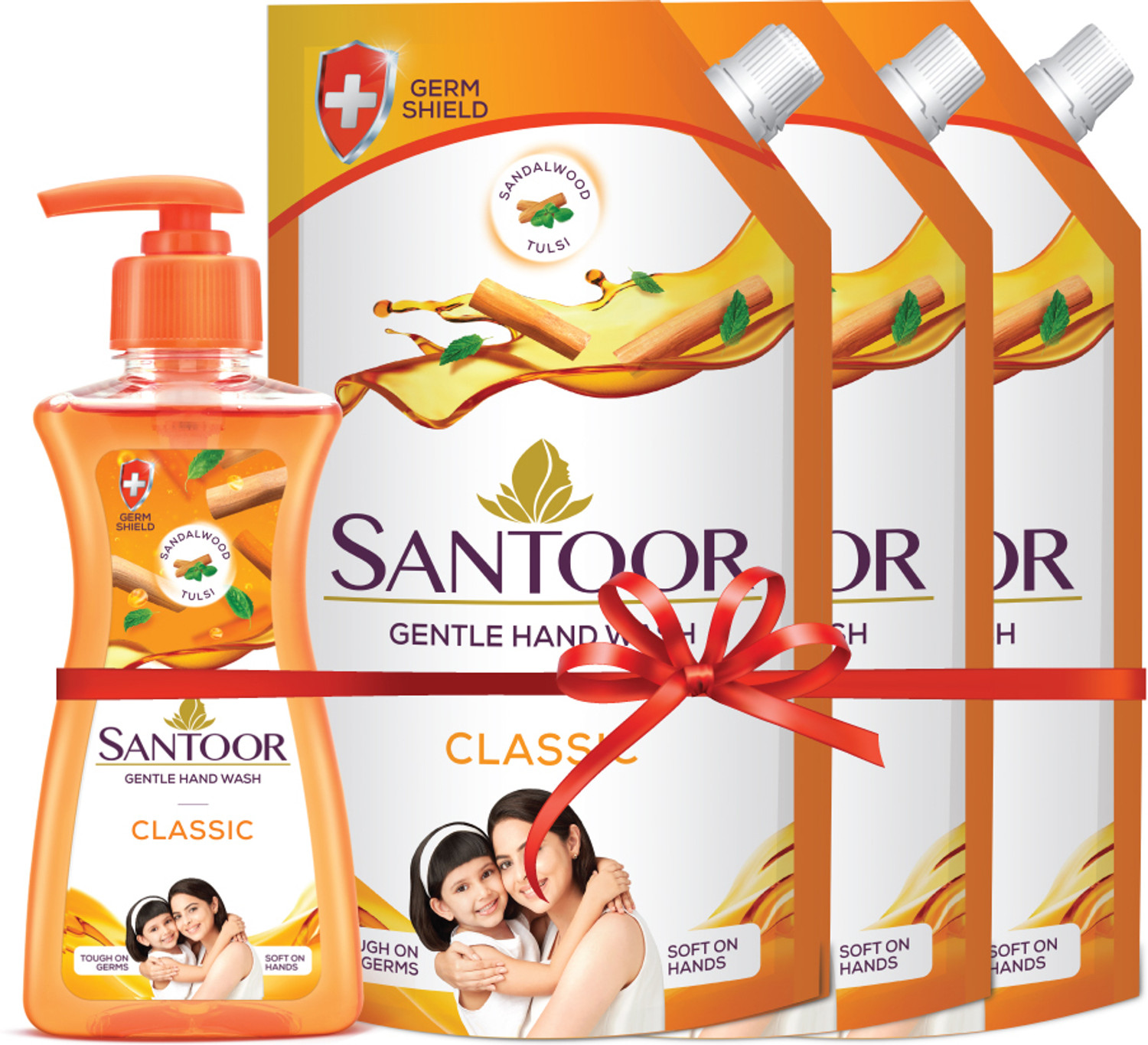 Image of Santoor Classic Gentle with Goodness of Sandalwood & Tulsi Hand Wash Pump + Refill (3 x 383.33 ml)