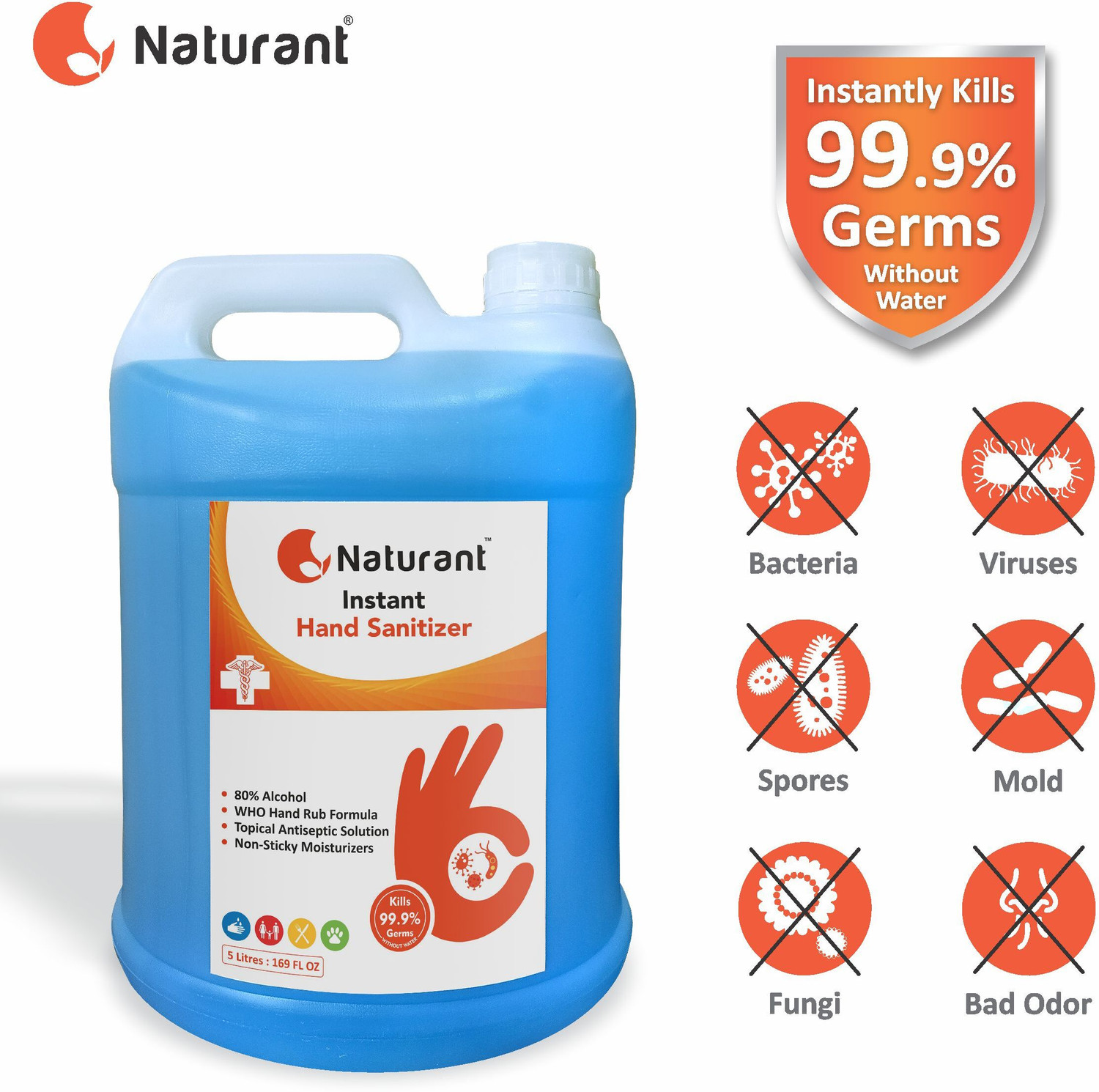 Image of Naturant Kills 99.99% Effective Against Germs | Safe for Kids Hand Sanitizer Can (5 L)