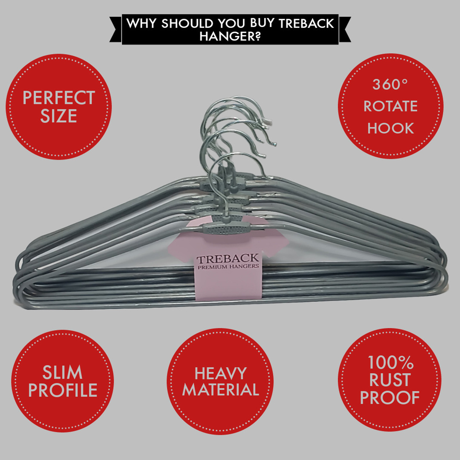 Image of treback Grey hangers pack of 40 heavy rust proof hangers for clothes Steel Shirt Pack of 40 Hangers For Shirt (Grey)