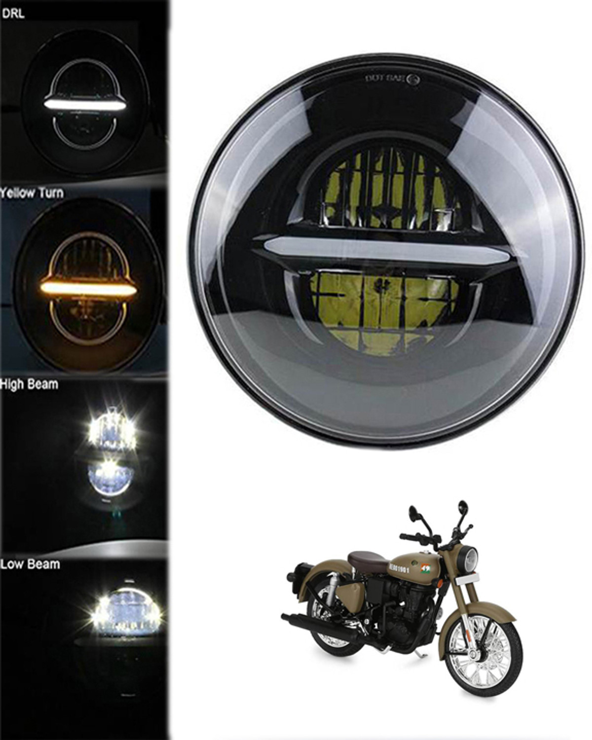 Image of greygator LED Headlight for Royal Enfield Bullet 350, Bullet Trials 350, Bullet Trials 500, Thar, Jeep