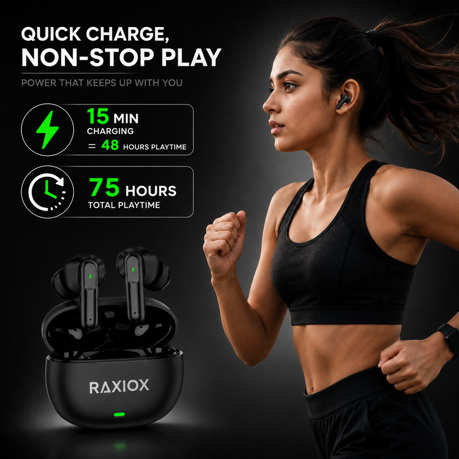 Image of Raxiox Buds B151 with 75Hrs Payback Music, with 52bB ENC & 12.2mm Drivers & IP55 (BK03) Bluetooth Headset (Black, True Wireless)