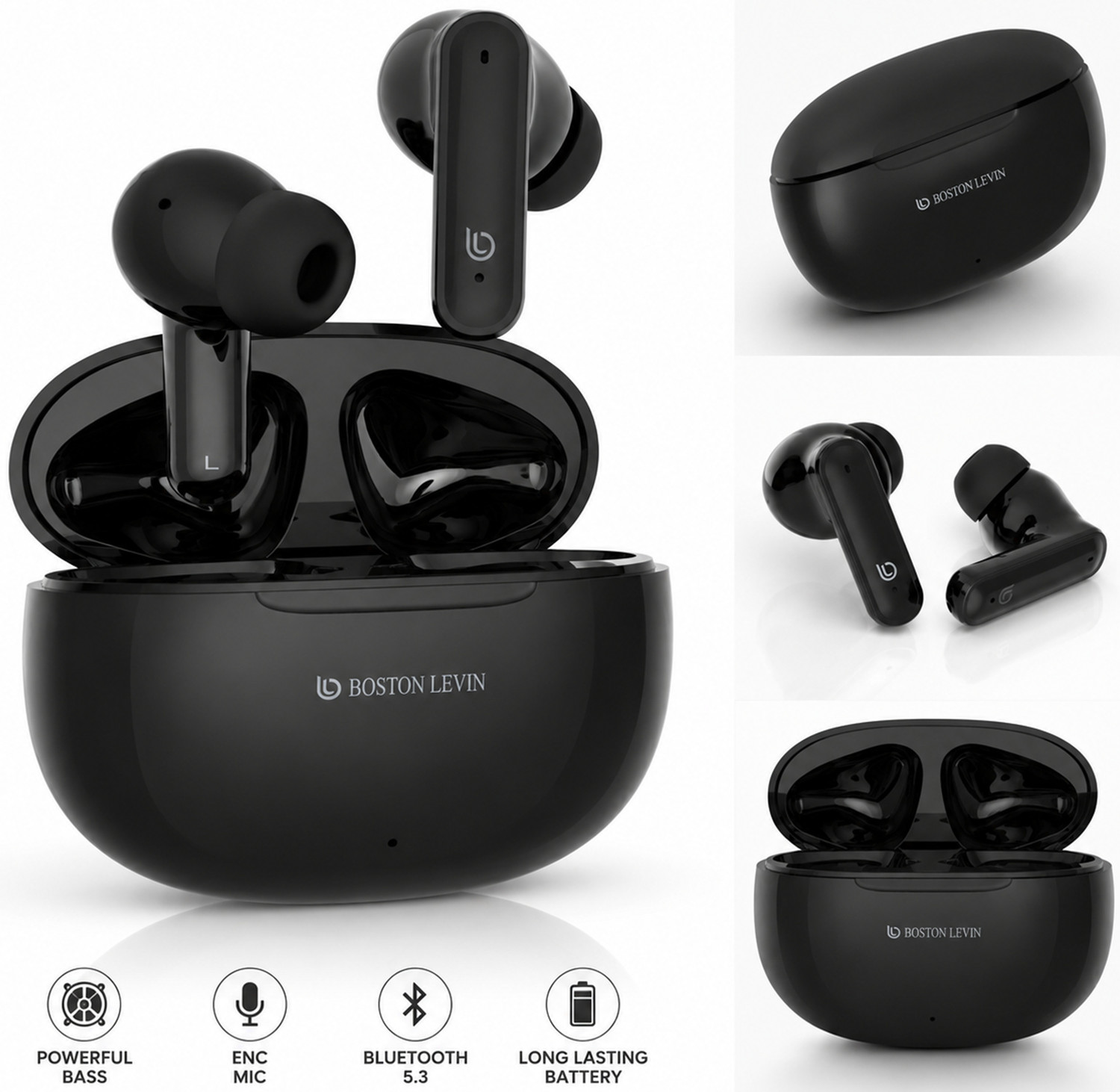 Image of Boston Levin ARMX Earbuds with Playtime 30H,Low Latency Gaming,13mm Drivers,IPX5,BT5.3,TWS Bluetooth Headset (Black, In the Ear)