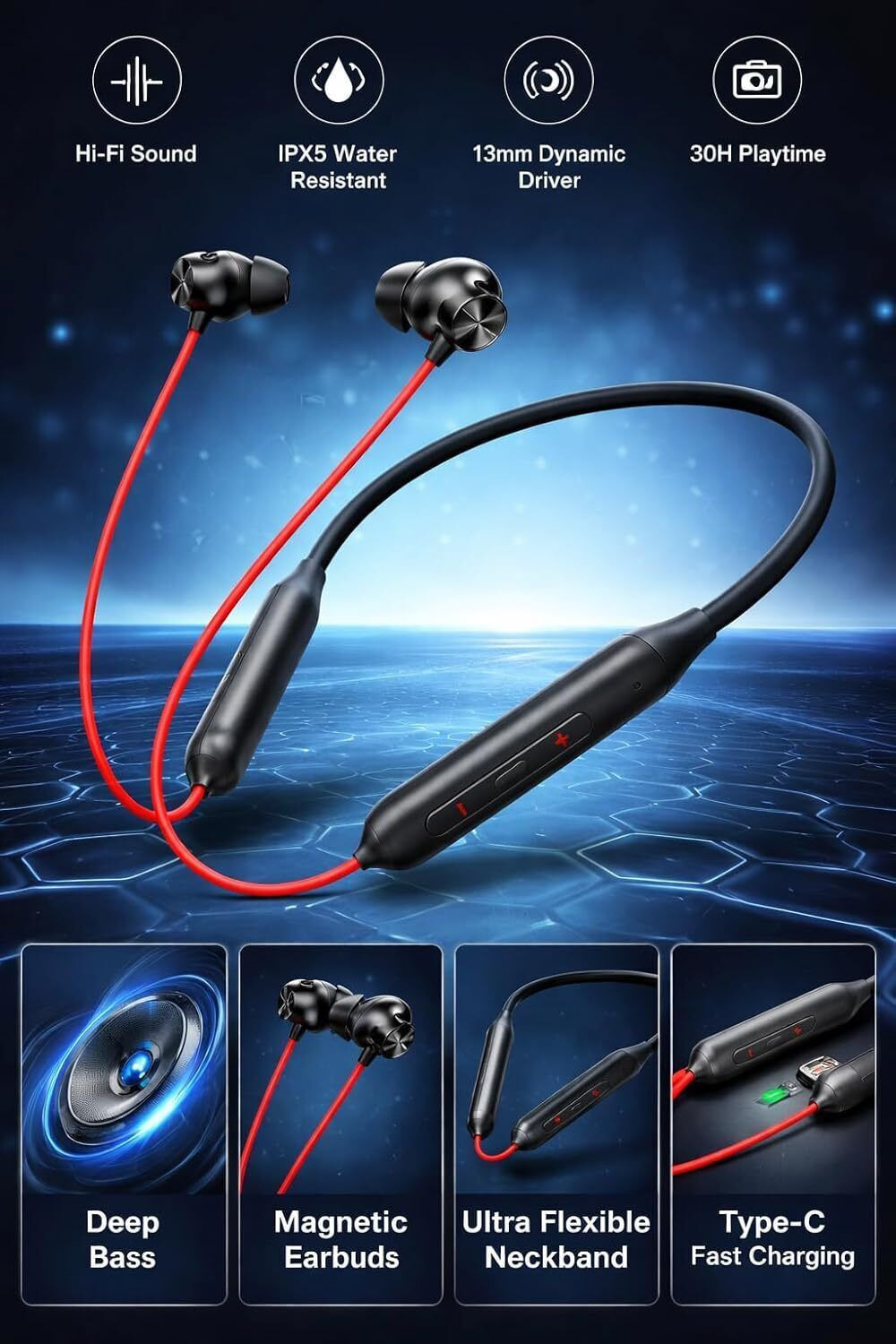 Image of Griffy Original Bluetooth Neckband Z2 - Dual Device Connection, 45dB, Type-C Charging Bluetooth Headset (Red, In the Ear)