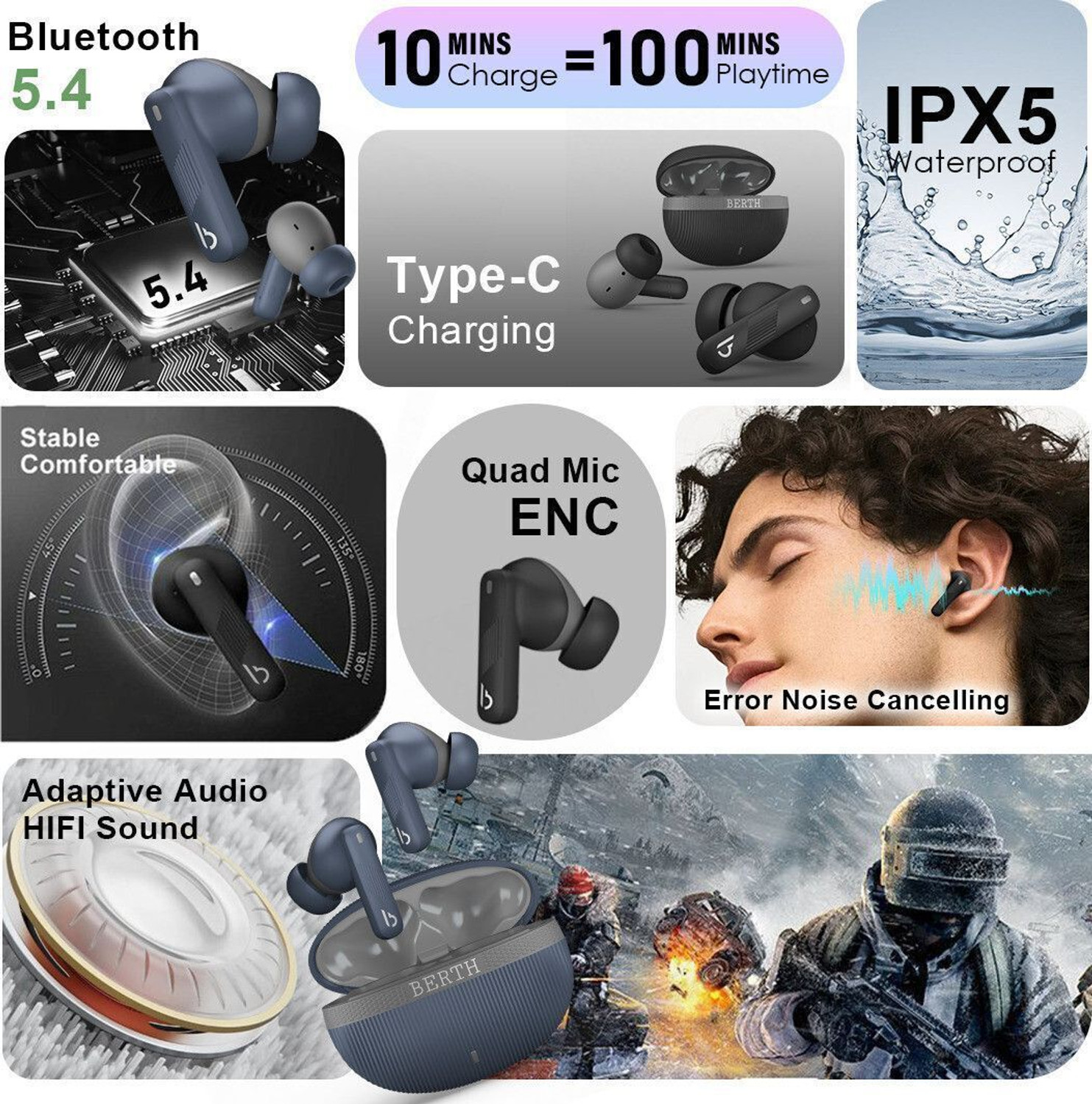 Image of BERTH Earbuds Z With 40 hours playtime, IPX5, 4 clear calling Enc mics, low latency Bluetooth Gaming Headset (Blue, True Wireless)