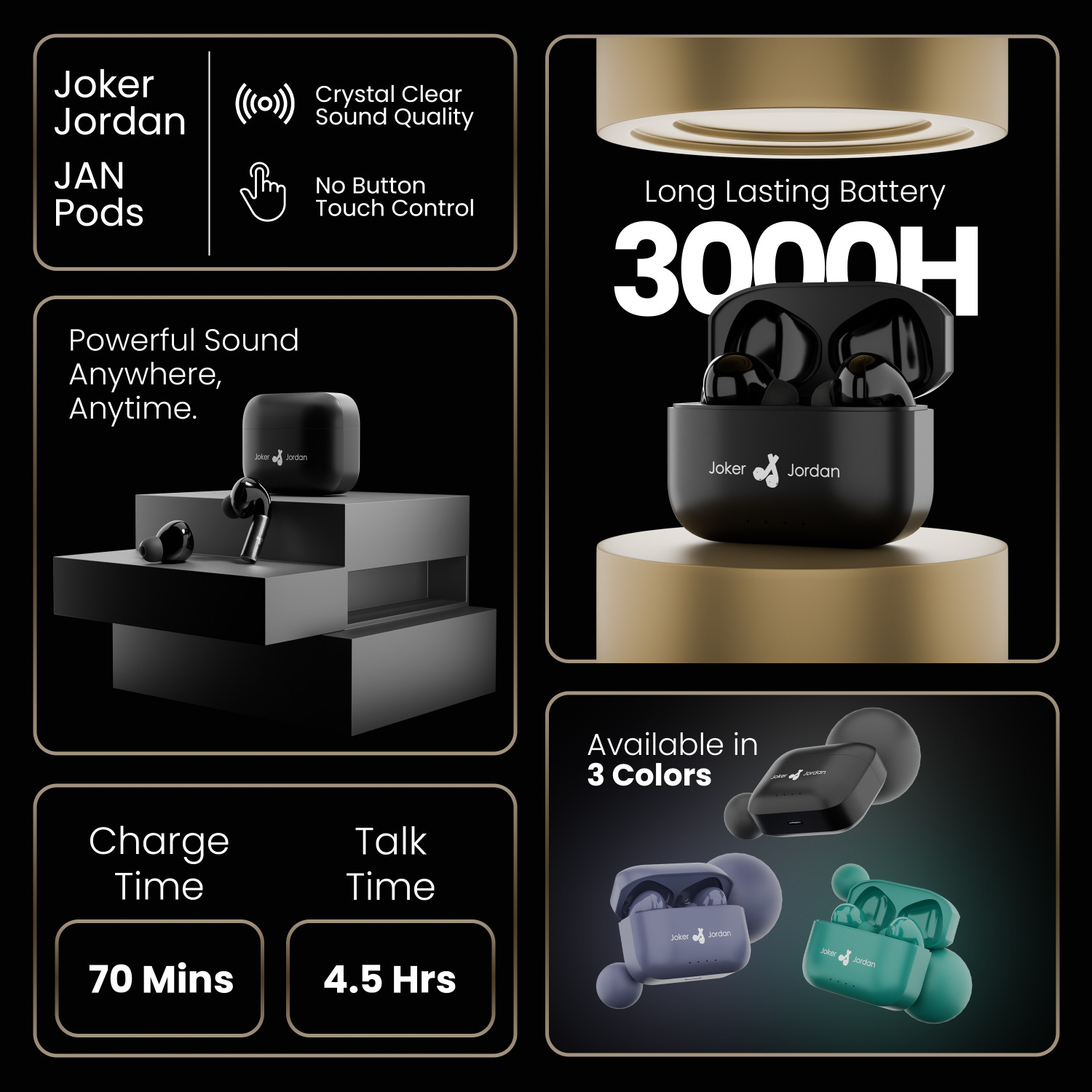 Image of Joker And Jordan TWS Earbuds with 100 HRS Playtime,(50ms Low Latency), Bluetooth v5.3 Bluetooth Headset (Black, True Wireless)