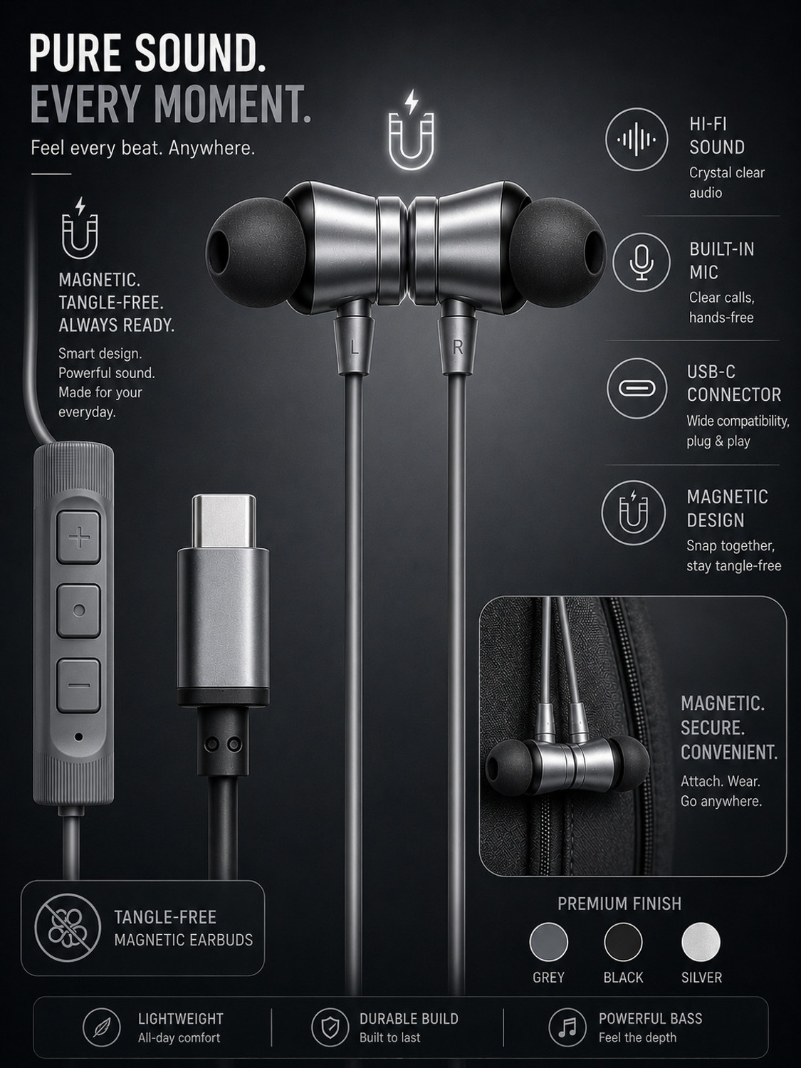 Image of Deeravia Type-C Earphone|ENC Mic| Premium Earphone| Magnetized Buds pro Phantom UBXP Wired Headset (Grey, In the Ear)
