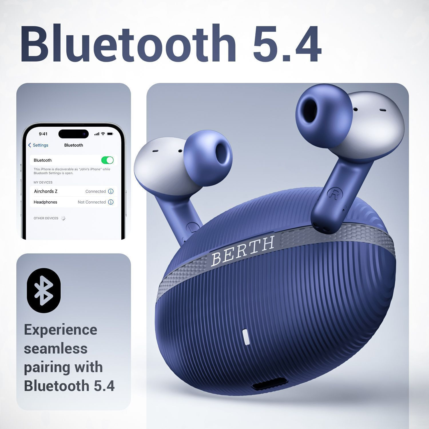 Image of BERTH Earbuds Z With 40 hours playtime, IPX5, 4 clear calling Enc mics, low latency Bluetooth Gaming Headset (Blue, True Wireless)