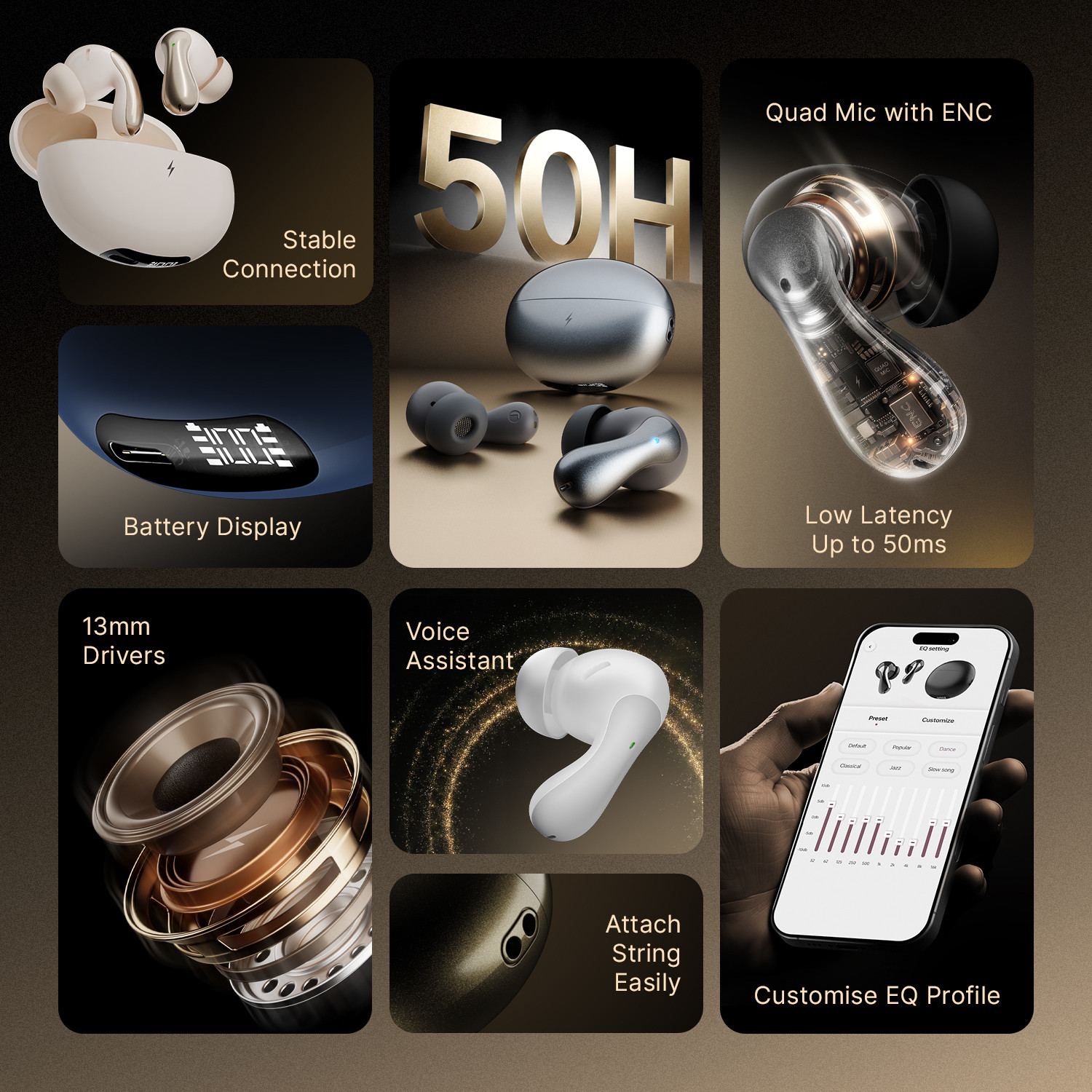 Image of Fire-Boltt Aero Drift TWS Earbuds, Custom EQ Profiles 50H Battery Display Case Quad Mic ENC Bluetooth Headset (White, True Wireless)