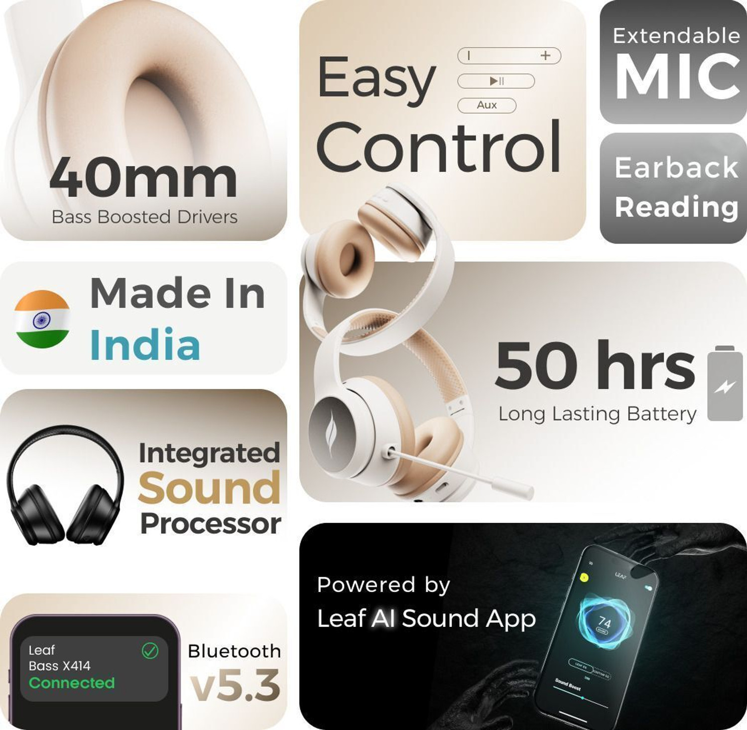 Image of Leaf Bass X414 Headphone, AI SOUND App, 50H Playtime, 40mm Driver, IPX5, BT v5.3 Bluetooth & Wired Headset (Desert Dune, On the Ear)