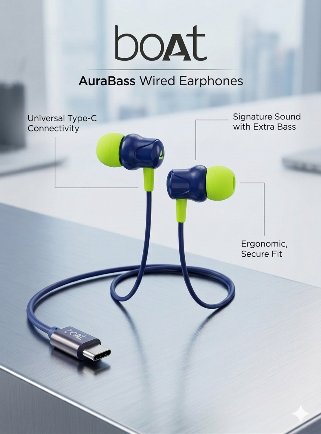 Image of RD Telinet boAt Type-C Magnetic deep bass super sound quality Wired Headset (Blue /Green, In the Ear)