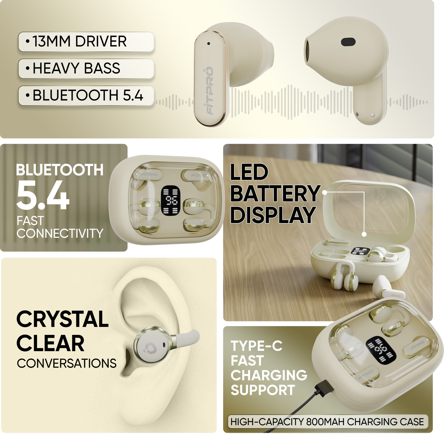 Image of Fitpro Q10 TWS Wireless Earbuds | Twin-Couple Headphones | Bluetooth 5.4 Bluetooth Headset (Beige, True Wireless)