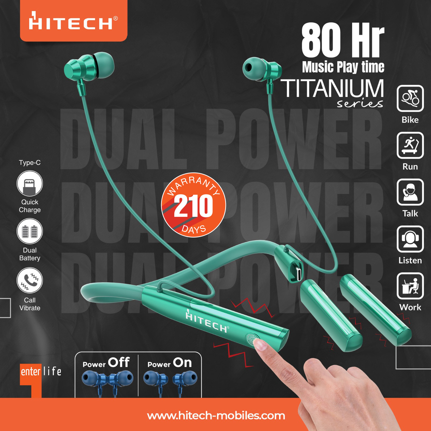 Image of HITECH HT-56 Metal Dual Power Bluetooth Wireless Neckband Bluetooth Headset (Green, True Wireless)