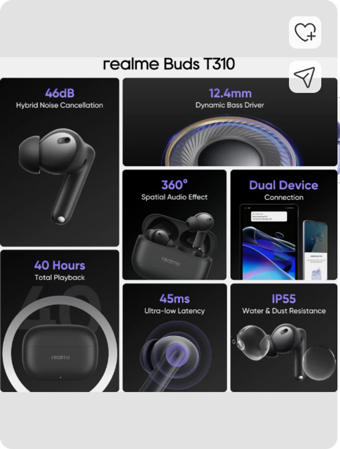 Image of RM INDIA REALME BUDS T310 LITE BLACK COLOUR 40HR PLAYTIME Bluetooth Headset (Black, True Wireless)
